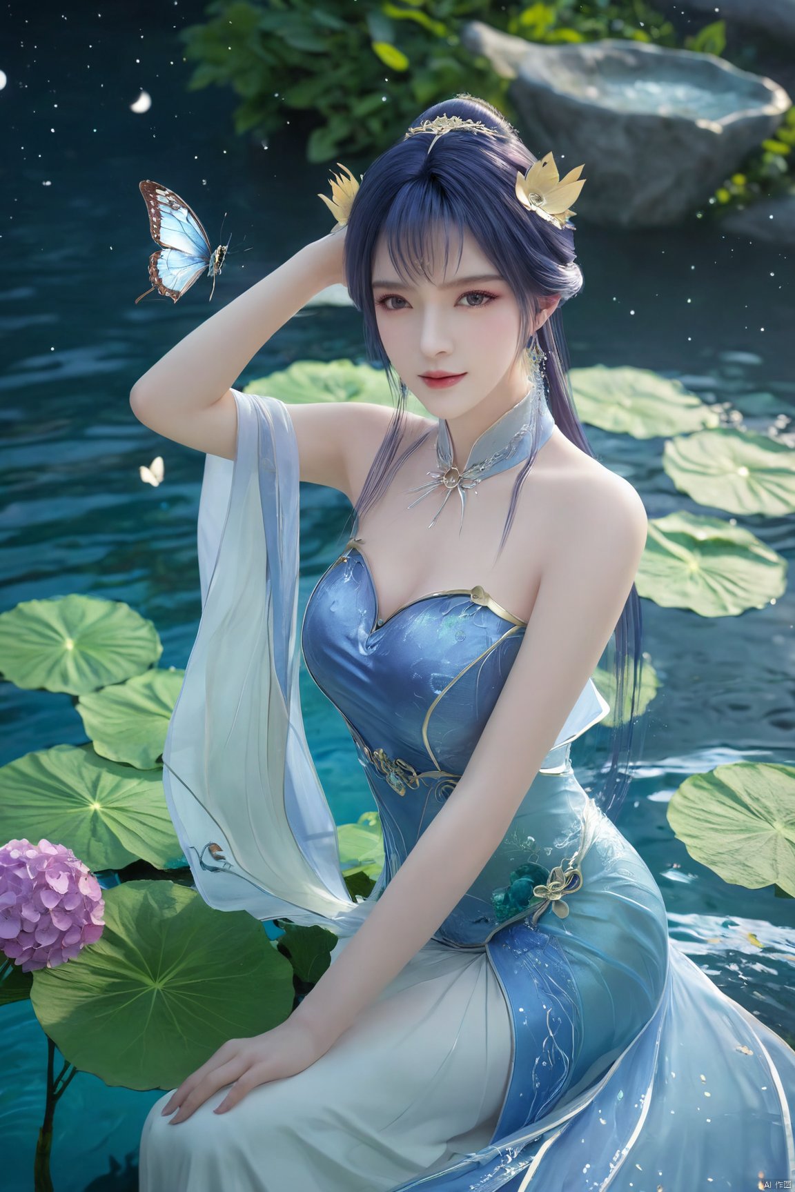 1girl,Xtianqiong,flower,big breasts,moon, X-Hydrangea, X-aurora,Water_butterfly, Xcheongsam