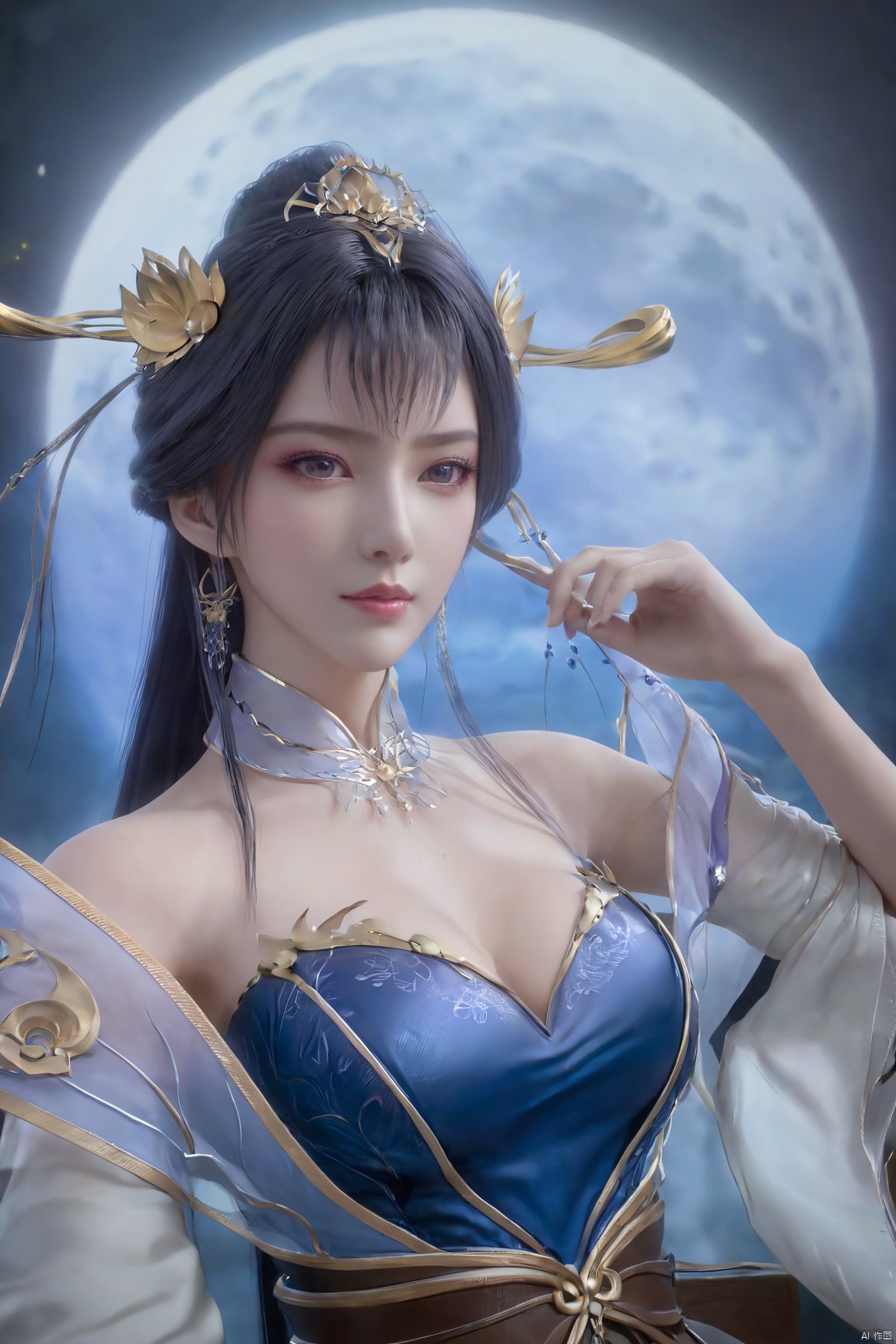 masterpiece,(best quality),1girl,Xtianqiong,flower,(big breasts:1.29),full moon, 