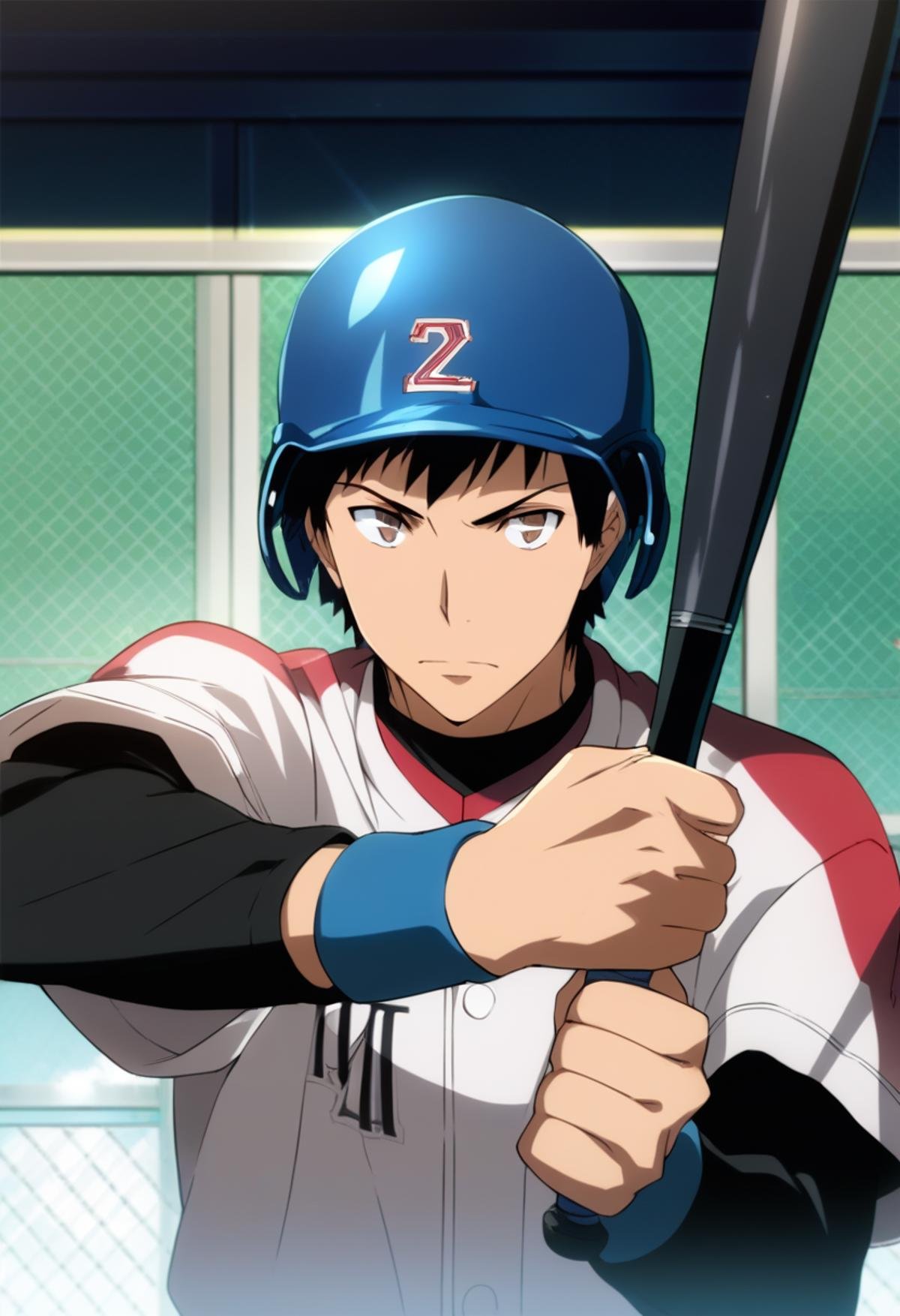 score_9, score_8_up, score_7_up, score_6_up, highly detailed, masterpiece, best quality,detailed,intricate details, amazing quality, best aesthetic, absurdres,source_anime, takeshi yamamoto, black hair, brown eyes, 1boy, solo, helmet, wristband, sportswear, baseball bat<lora:EMS-391483-EMS:1.000000>