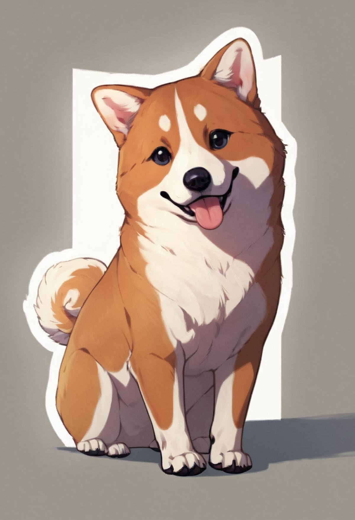 masterpiece,best quality, highly detailed, score_9, score_8_up, score_7_up, score_6_up,<lora:xl_more_art-full_v1:0.8>,BREAK <lora:stickers:1>stickers, outline,shiba inu, dog, tongue, tongue out,  animal focus, full body, looking at viewer, solo, animal, black eyes,