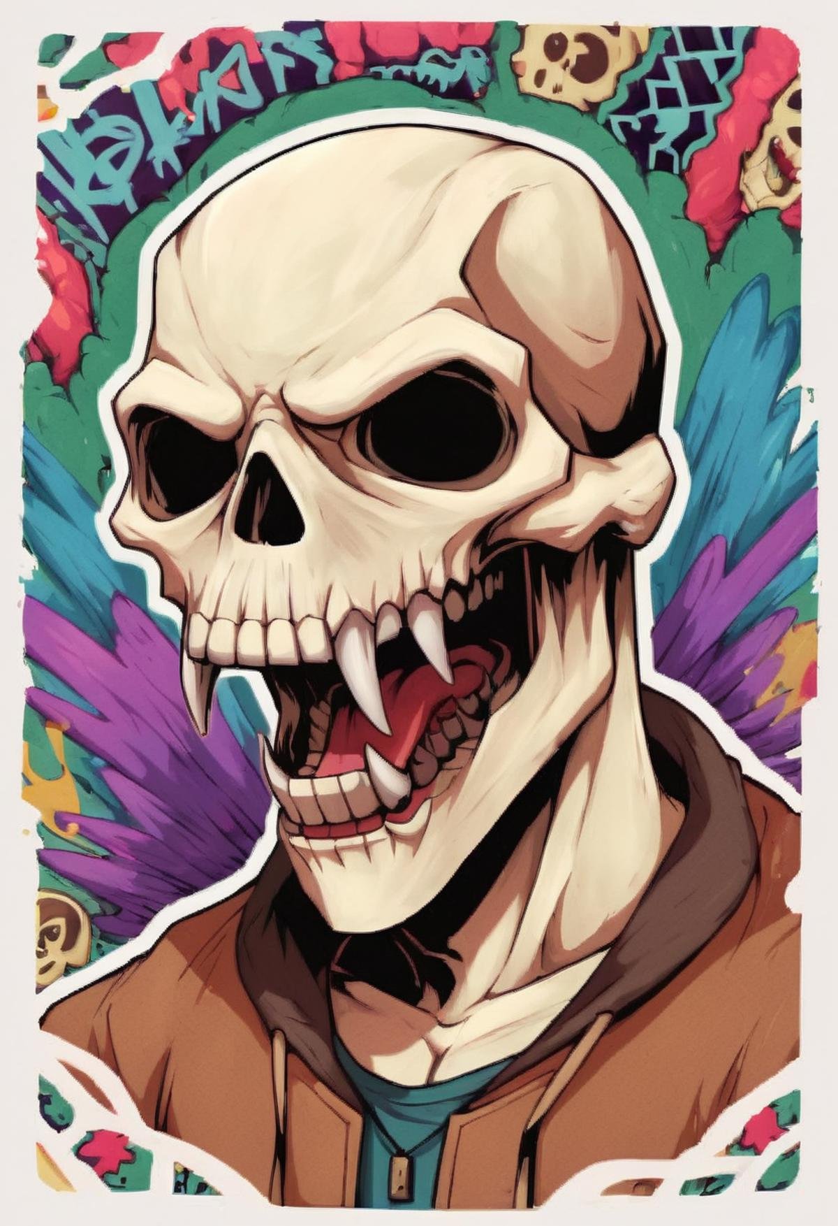 masterpiece,best quality, highly detailed, score_9, score_8_up, score_7_up, score_6_up,<lora:xl_more_art-full_v1:0.8>,BREAK <lora:stickers:1>stickers, outline,transparent background, portrait,skull, solo,teeth, open mouth,graffiti, 