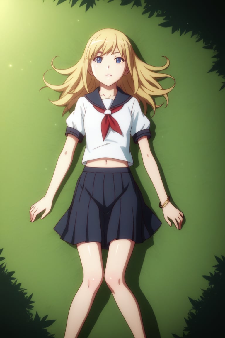 score_9, score_8_up, score_7_up, depth of field, long hair, blue eyes, skirt, blonde hair, jewelry, school uniform, short sleeves, pleated skirt, outdoors, lying, serafuku, on back, bracelet, tree, neckerchief, grass, nature, light particles, forest, at night, looking at viewer, shiny skin, shiny hair, view from above