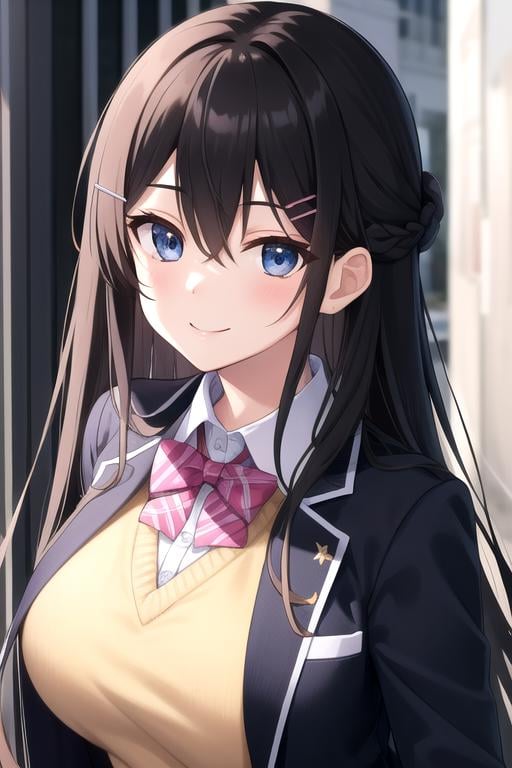 ((masterpiece)),(best quality),official art,extremely delicate and beautiful,extremely detailed CG,unity 8k wallpaper,ultra detailed,beautiful detailed eyes,extremely detailed face,outdoors,1girl,solo,upper body,(portrait:1.5),looking at viewer,facing viewer,smile,Tsukino Mito,very long hair,black hair,french braid,hair ornament,hairclip,hair between eyes,parted bangs,blue eyes,school uniform,black jacket,blazer,wing collar,pink bowtie,yellow sweater vest,white shirt,collared shirt,dress shirt,large breasts,skindentation,long sleeves,miniskirt,black skirt,plaid skirt,pleated skirt,frilled skirt,zettai ryouiki,white thighhighs,loafers,<lora:Tsukino Mito(njsj)>,