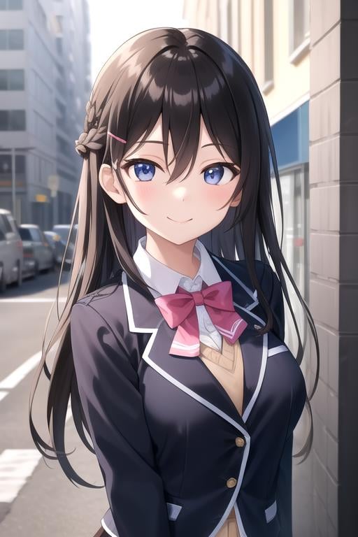 ((masterpiece)),(best quality),official art,extremely delicate and beautiful,extremely detailed CG,unity 8k wallpaper,ultra detailed,beautiful detailed eyes,extremely detailed face,outdoors,1girl,solo,upper body,(portrait:1.5),looking at viewer,facing viewer,smile,Tsukino Mito,very long hair,black hair,french braid,hair ornament,hairclip,hair between eyes,parted bangs,school uniform,black jacket,blazer,wing collar,pink bowtie,yellow sweater vest,white shirt,collared shirt,dress shirt,large breasts,skindentation,long sleeves,miniskirt,black skirt,plaid skirt,pleated skirt,frilled skirt,zettai ryouiki,white thighhighs,loafers,<lora:Tsukino Mito(njsj)>,