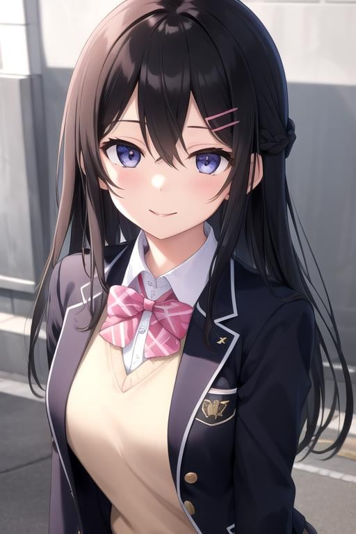 ((masterpiece)),(best quality),official art,extremely delicate and beautiful,extremely detailed CG,unity 8k wallpaper,ultra detailed,beautiful detailed eyes,extremely detailed face,outdoors,1girl,solo,upper body,(portrait:1.5),looking at viewer,facing viewer,smile,Tsukino Mito,very long hair,black hair,french braid,hair ornament,hairclip,hair between eyes,parted bangs,school uniform,black jacket,blazer,wing collar,pink bowtie,yellow sweater vest,white shirt,collared shirt,dress shirt,large breasts,skindentation,long sleeves,miniskirt,black skirt,plaid skirt,pleated skirt,frilled skirt,zettai ryouiki,white thighhighs,loafers,<lora:Tsukino Mito(vl)>,