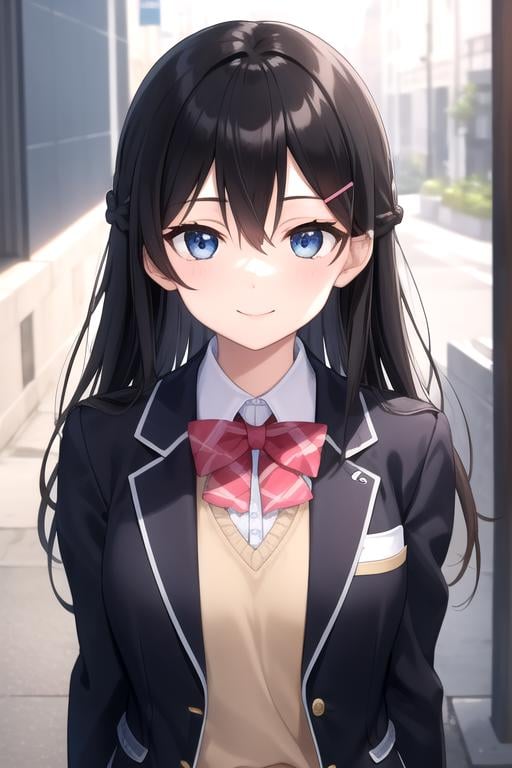 ((masterpiece)),(best quality),official art,extremely delicate and beautiful,extremely detailed CG,unity 8k wallpaper,ultra detailed,beautiful detailed eyes,extremely detailed face,outdoors,1girl,solo,upper body,(portrait:1.5),looking at viewer,facing viewer,smile,Tsukino Mito,very long hair,black hair,french braid,hair ornament,hairclip,hair between eyes,parted bangs,blue eyes,school uniform,black jacket,blazer,wing collar,pink bowtie,yellow sweater vest,white shirt,collared shirt,dress shirt,large breasts,skindentation,long sleeves,miniskirt,black skirt,plaid skirt,pleated skirt,frilled skirt,zettai ryouiki,white thighhighs,loafers,<lora:Tsukino Mito(njsj)>,