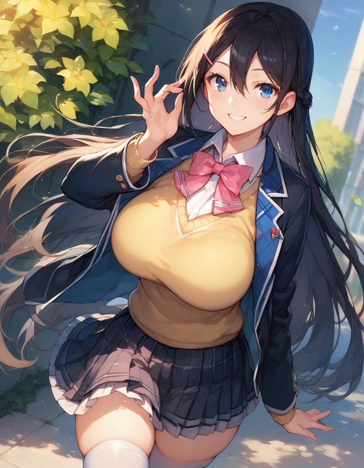 score_9,score_8_up,score_7_up,score_6_up,official art,solo,outdoors,smile,cowboy shot,looking at viewer,facing viewer,Tsukino Mito,very long hair,black hair,french braid,hair ornament,hairclip,hair between eyes,parted bangs,blue eyes,school uniform,black jacket,blazer,wing collar,pink bowtie,yellow sweater vest,white shirt,collared shirt,dress shirt,large breasts,skindentation,long sleeves,miniskirt,black skirt,plaid skirt,pleated skirt,frilled skirt,zettai ryouiki,white thighhighs,loafers,<lora:Tsukino Mito(njsj)-Pony-000015>,<lora:Smooth Anime Style LoRA XL>,