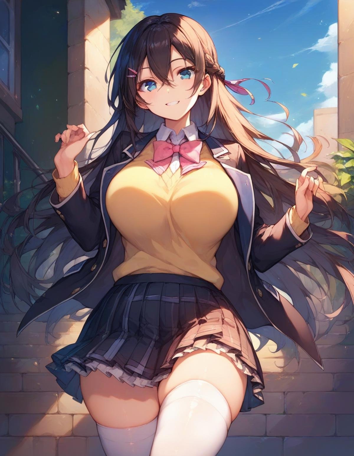 score_9,score_8_up,score_7_up,score_6_up,official art,solo,outdoors,smile,cowboy shot,looking at viewer,facing viewer,Tsukino Mito,very long hair,black hair,french braid,hair ornament,hairclip,hair between eyes,parted bangs,blue eyes,school uniform,black jacket,blazer,wing collar,pink bowtie,yellow sweater vest,white shirt,collared shirt,dress shirt,large breasts,skindentation,long sleeves,miniskirt,black skirt,plaid skirt,pleated skirt,frilled skirt,zettai ryouiki,white thighhighs,loafers,<lora:Tsukino Mito(njsj)-Pony-000015>,<lora:Smooth Anime Style LoRA XL>,