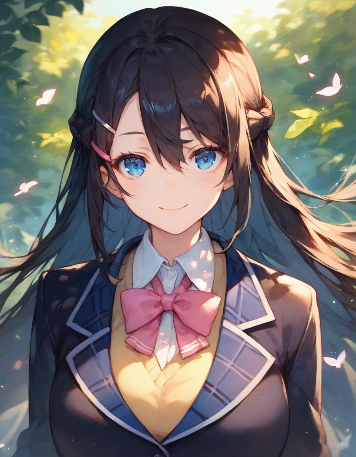 score_9,score_8_up,score_7_up,score_6_up,official art,solo,outdoors,smile,upper body,(portrait:1.5),looking at viewer,facing viewer,Tsukino Mito,very long hair,black hair,french braid,hair ornament,hairclip,hair between eyes,parted bangs,blue eyes,school uniform,black jacket,blazer,wing collar,pink bowtie,yellow sweater vest,white shirt,collared shirt,dress shirt,large breasts,skindentation,long sleeves,miniskirt,black skirt,plaid skirt,pleated skirt,frilled skirt,zettai ryouiki,white thighhighs,loafers,<lora:Tsukino Mito(njsj)-Pony-000015:0.9>,<lora:Smooth Anime Style LoRA XL>,