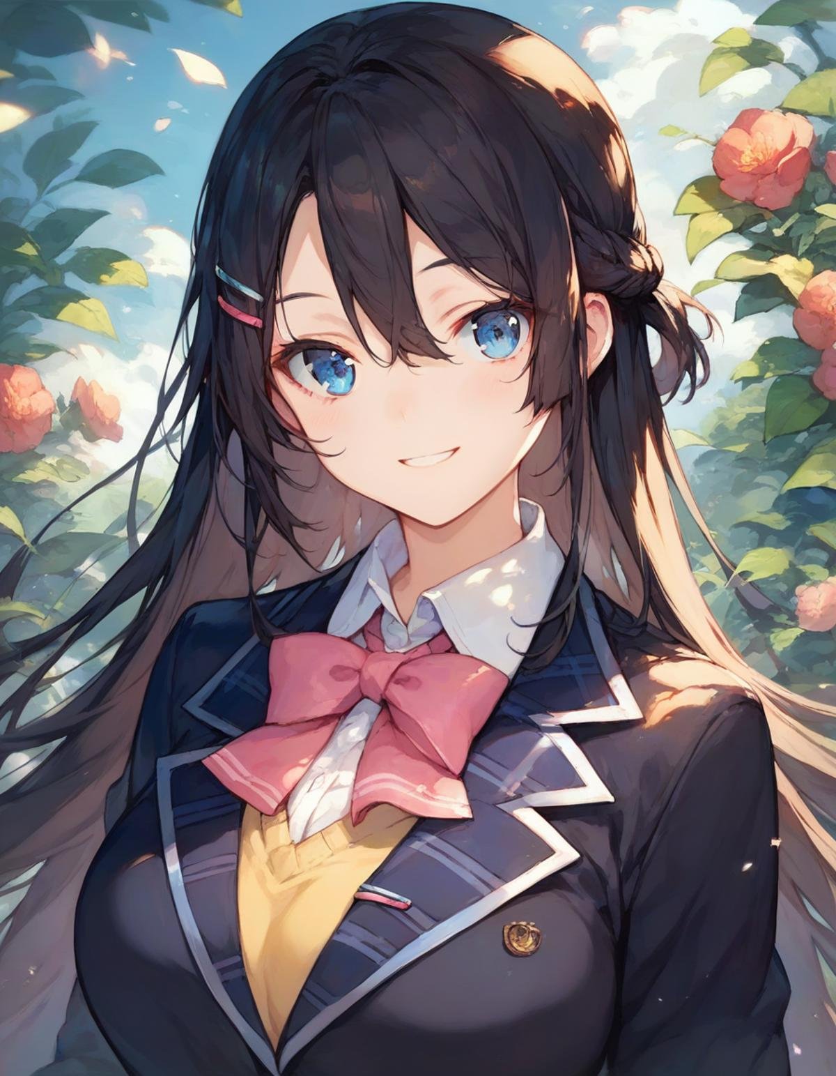 score_9,score_8_up,score_7_up,score_6_up,official art,solo,outdoors,smile,upper body,(portrait:1.5),looking at viewer,facing viewer,Tsukino Mito,very long hair,black hair,french braid,hair ornament,hairclip,hair between eyes,parted bangs,blue eyes,school uniform,black jacket,blazer,wing collar,pink bowtie,yellow sweater vest,white shirt,collared shirt,dress shirt,large breasts,skindentation,long sleeves,miniskirt,black skirt,plaid skirt,pleated skirt,frilled skirt,zettai ryouiki,white thighhighs,loafers,<lora:Tsukino Mito(njsj)-Pony-000015>,<lora:Smooth Anime Style LoRA XL>,