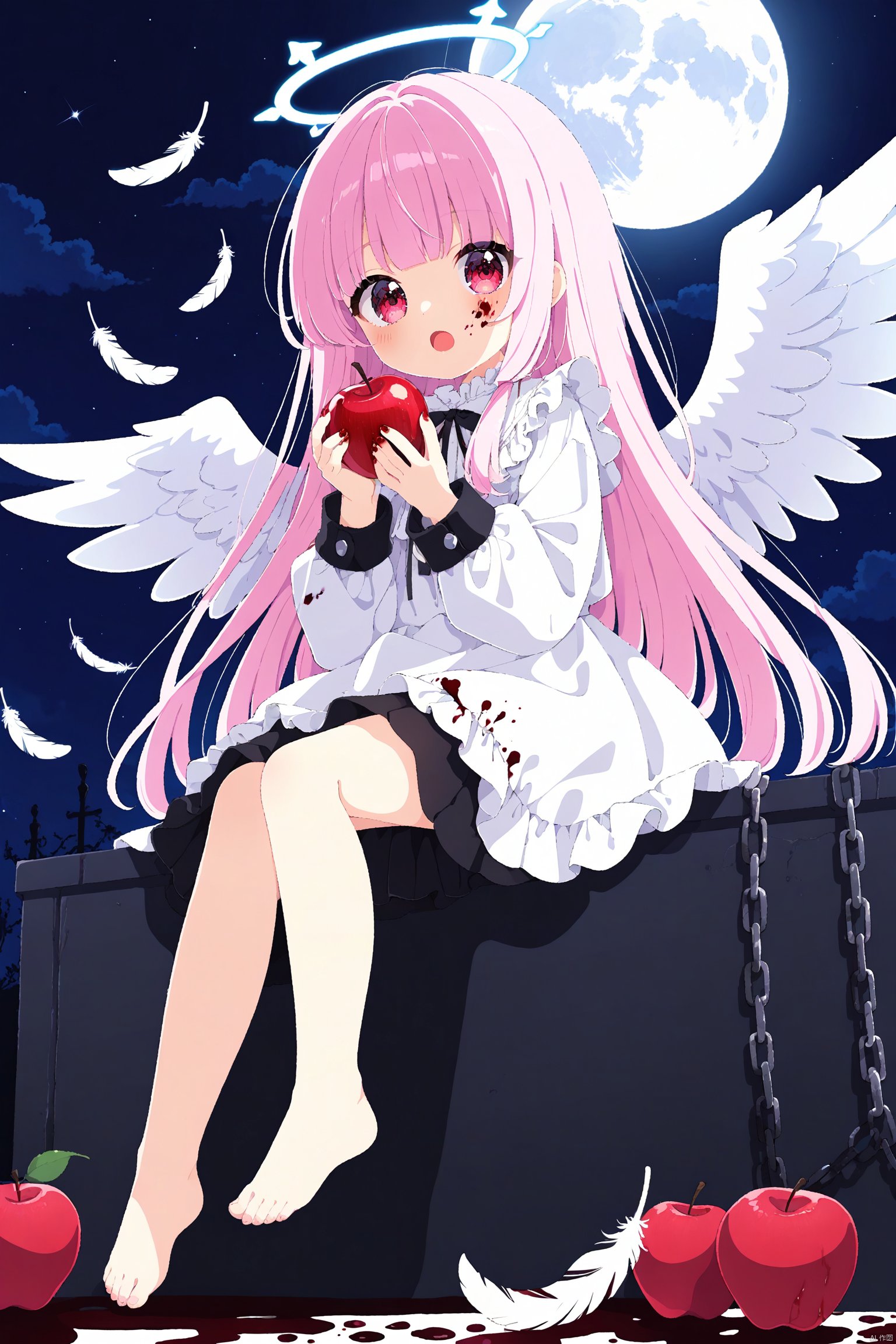 artist:mamy6o6,loli,1girl,wings,solo,halo,barefoot,long hair,food,feathers,blood,dress,feathered wings,sitting,white dress,angel wings,holding food,red eyes,blood on clothes,holding fruit,fruit,chain,angel,feet,pink hair,moon,holding,apple,blood on face,looking at viewer,toes,full moon,white wings,blush,bangs,child,very long hair,female child,night,long sleeves,full body,open mouth,cuffs,bare legs,legs,blood on hands,white hair,blunt bangs,frills,blood in hair,white