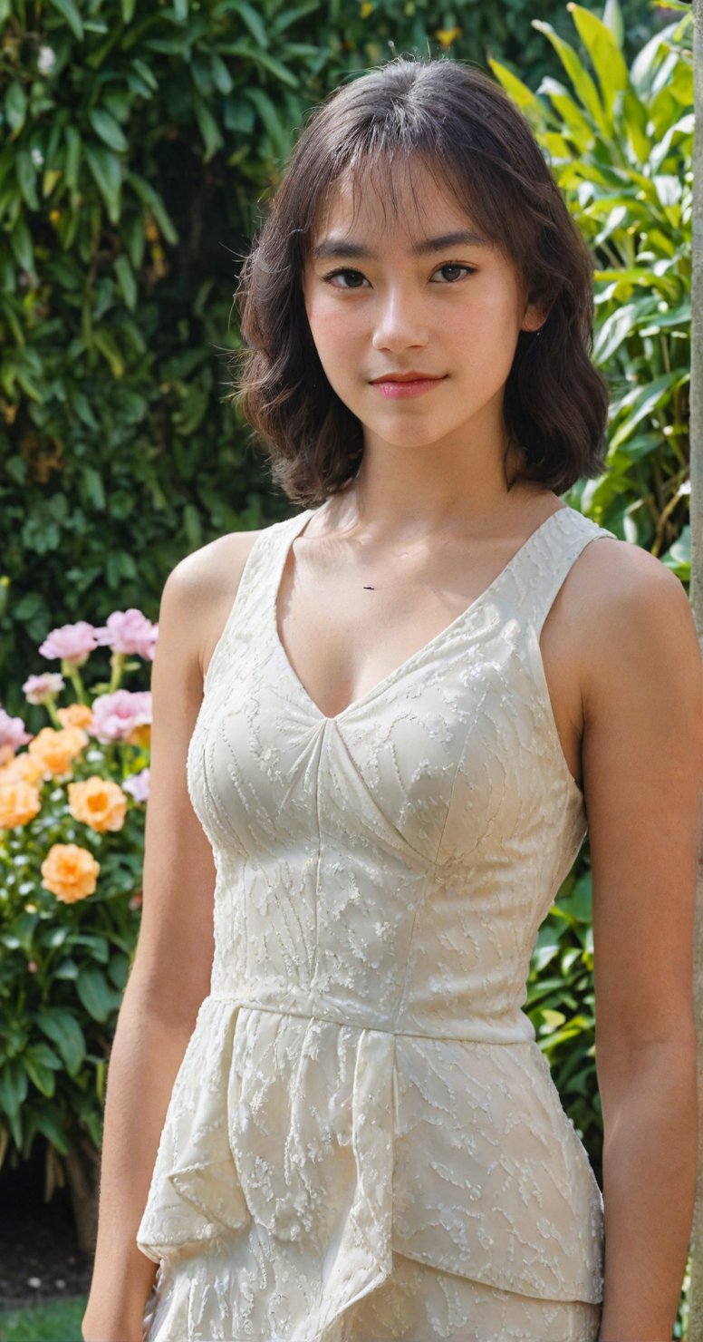 a 19 year old young woman posing confidently in a flower garden. She wore a white sleeveless dress that followed her curves. The camera photographed him from the front, back and side with clear lighting on his face. her beautiful dress and beautiful face became the center of attention.