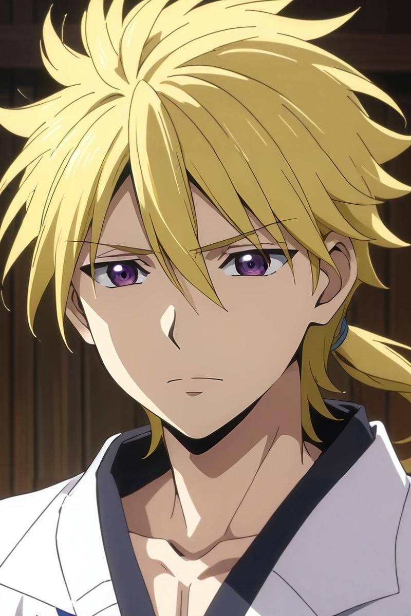 score_9, score_8_up, score_7_up, source_anime, rating_safe, , anime screencap, , official style, , , 1boy, solo, male focus, <lora:kojirou_kanemaki_pony:0.82>, kojirou_kanemaki, blonde hair, purple eyes, long hair, ponytail, low ponytail, hair between eyes, , , <lora:sdxl_lightning_8step_lora:1>