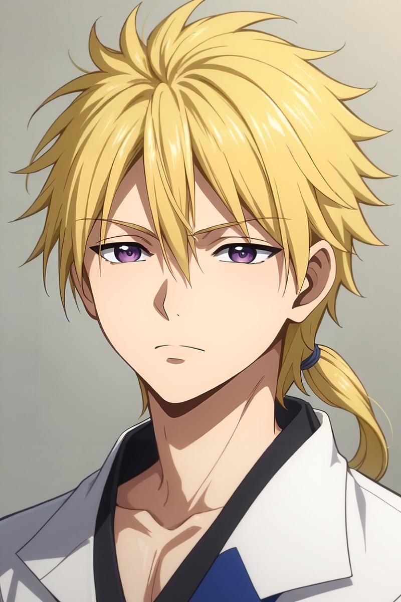 score_9, score_8_up, score_7_up, source_anime, rating_safe, intricate details, (realistic:0.6), , , 1boy, solo, male focus, <lora:kojirou_kanemaki_pony:0.9>, kojirou_kanemaki, blonde hair, purple eyes, long hair, ponytail, low ponytail, hair between eyes, , ,, <lora:sdxl_lightning_8step_lora:1>