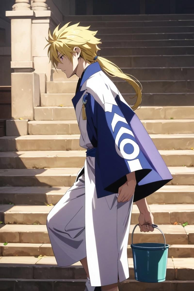 score_9, score_8_up, score_7_up, source_anime, rating_safe, , (realistic:0.6), , , 1boy, solo, male focus, <lora:kojirou_kanemaki_pony:0.86>, kojirou_kanemaki, blonde hair, purple eyes, long hair, ponytail, low ponytail, hair between eyes, profile, venice, gondola ride, dark, standing on one leg, skin fang, , bucket hat, <lora:sdxl_lightning_8step_lora:1>