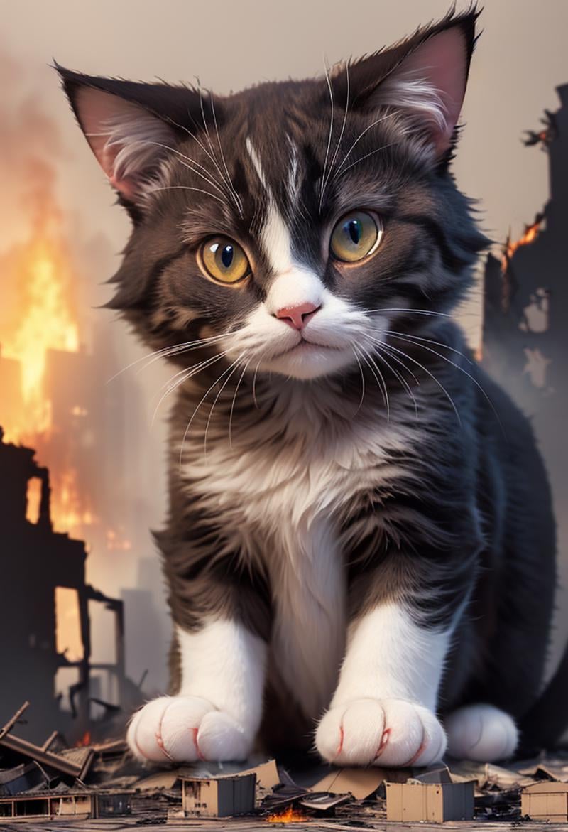 A giant cat at middle of a ruined city, flaming buildings, disaster, smoke, fire, lightning,