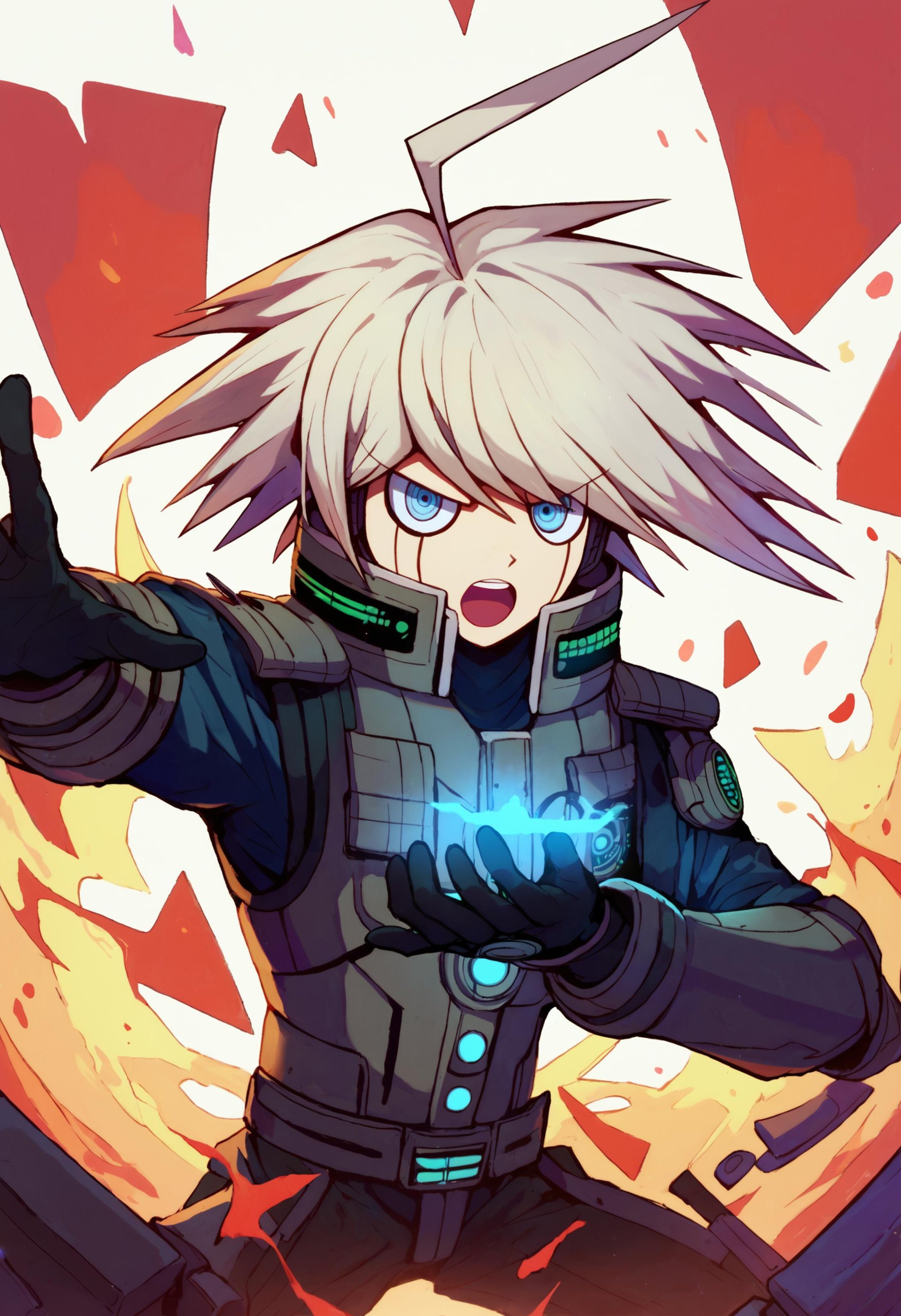 score_9_up score_8_up score_7_up, open mouth, upper teeth, outstretched arm, glowing handBREAKkeebo default, 1boy, ahoge, bangs, short hair, grey eyes, grey hair, power armor, android, black gloves, gloves <lora:danganranpa_v3_pony_d16:1>