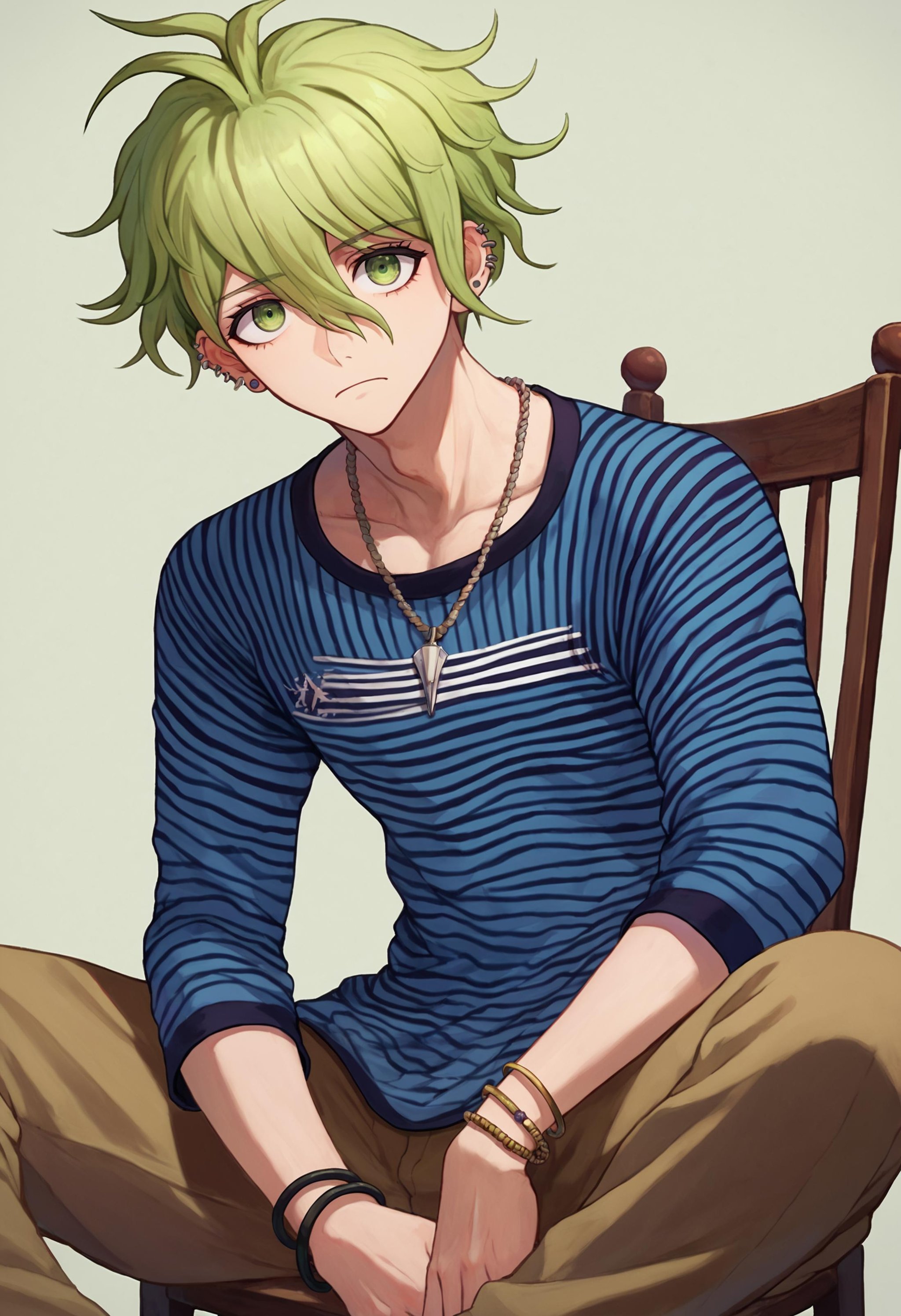 score_9_up score_8_up score_7_up, looking at viewer, sitting on chairBREAKscore_9_up score_8_up score_7_up, amami rantaro default, 1boy, green hair, short hair, green eyes, bangs, piercing, ear piercing, earrings, hair between eyes, antenna hair, messy hair, jewelry, blue shirt, striped shirt, striped, shirt, necklace, pants, brown pants, bracelet, long sleeves <lora:danganranpa_v3_pony_d16:1>