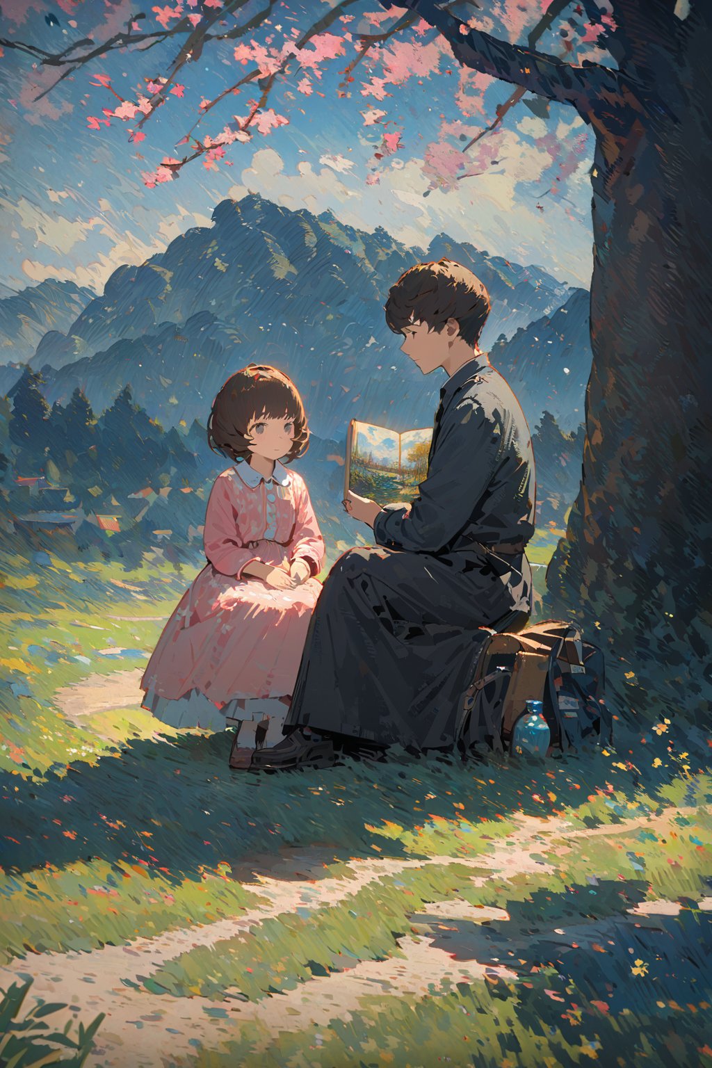 By Van Gogh, sunshine spring with many sakura trees, oil painting, highly detailed, sharpness, dynamic lighting, super detailing, van gogh sight background, painterley effect, post impressionism, ,oil painting, 2d-dimension_animated, masterpiece, cartoon, 1boy with black short hair, 1girl with brown long hair, pink vintage dress sitting together, having picnic at grass,children's picture books