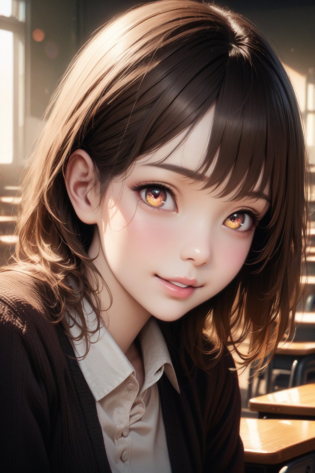 masterpiece, high quality realistic, realistic aesthetic photo ,(HDR:1.2), pore and detailed, intricate detailed, graceful and beautiful textures, RAW photo, 16K, sharp forcus, warm tone, vibrant colors, (head to waist portrait), in the classroom, bright atmosphere, girl fused on Imperial-Topaz, cute face, little-smile, detailed eyes, light-brown medium hair, curled bangs, juicy lips, fair oily skin, collared shirt,skirt,