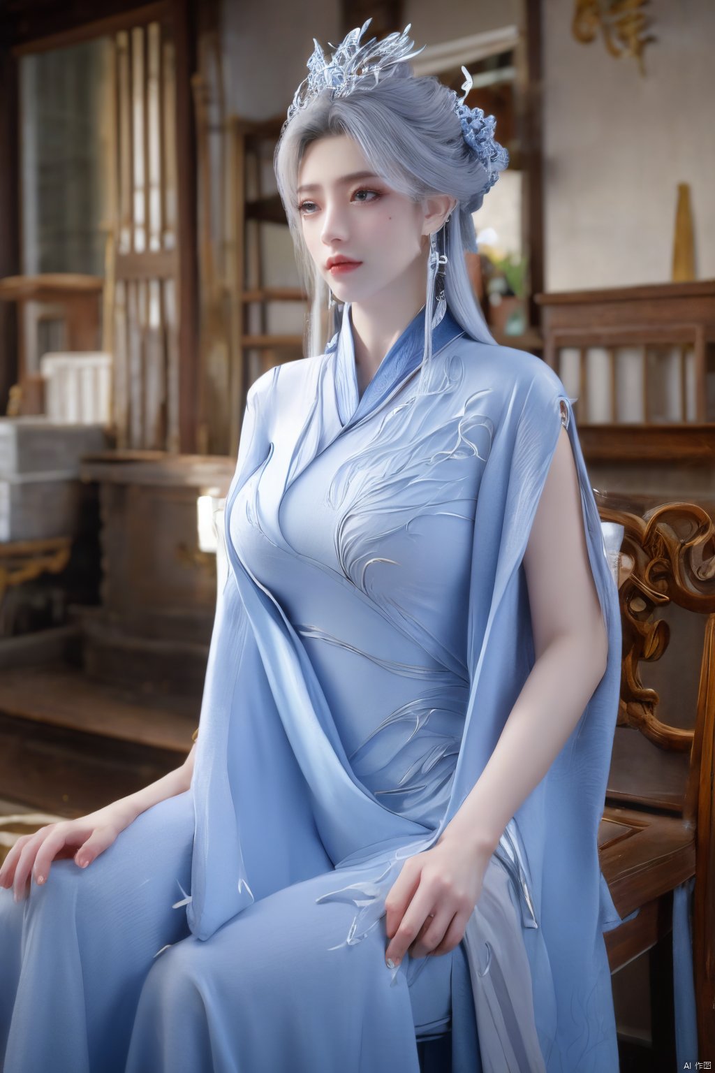 masterpiece,(best quality),official art,extremely detailed cg 8k wallpaper,(extremely delicate and beautiful),solo,realistic,photo_\(medium\),chinese clothes,blue dress,1girl,solo,blue eyes,earrings,mole,white hair,armor,crown,mole under eye,,Xningyudie,(big_breasts:1.29), Yunxiao_Fairy,X-Hydrangea, hanfu,