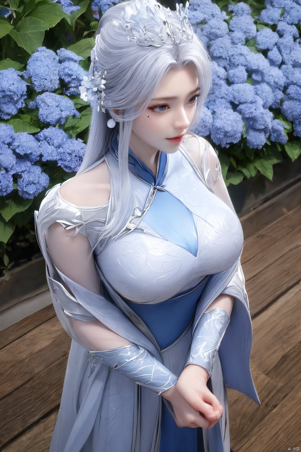 masterpiece,(best quality),official art,extremely detailed cg 8k wallpaper,(extremely delicate and beautiful),solo,realistic,photo_\(medium\),chinese clothes,blue dress,1girl,solo,blue eyes,earrings,mole,white hair,armor,crown,mole under eye,,Xningyudie,(big_breasts:1.29), Yunxiao_Fairy,X-Hydrangea, hanfu,