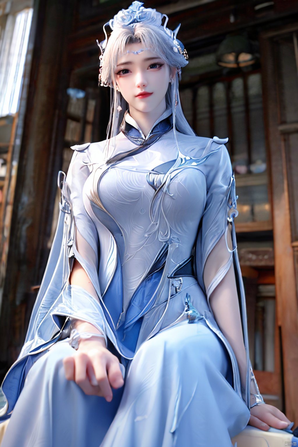 masterpiece,(best quality),official art,extremely detailed cg 8k wallpaper,(extremely delicate and beautiful),solo,realistic,photo_\(medium\),chinese clothes,blue dress,1girl,solo,blue eyes,earrings,mole,white hair,armor,crown,mole under eye,,Xningyudie,(big_breasts:1.29), Yunxiao_Fairy,X-Hydrangea, hanfu,