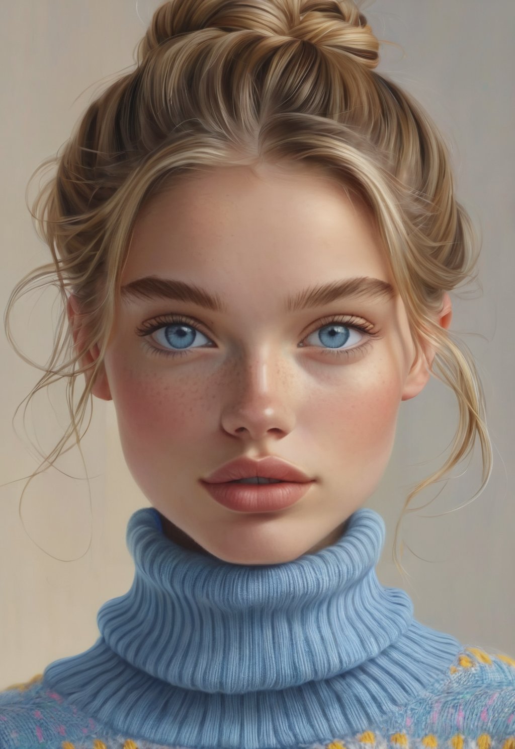 1girl, solo, looking at viewer, blue eyes, blonde hair, brown hair, closed mouth, hair bun, sweater, lips, turtleneck, portrait,, realistic, black sweater,ENHANCE,photorealistic,4k