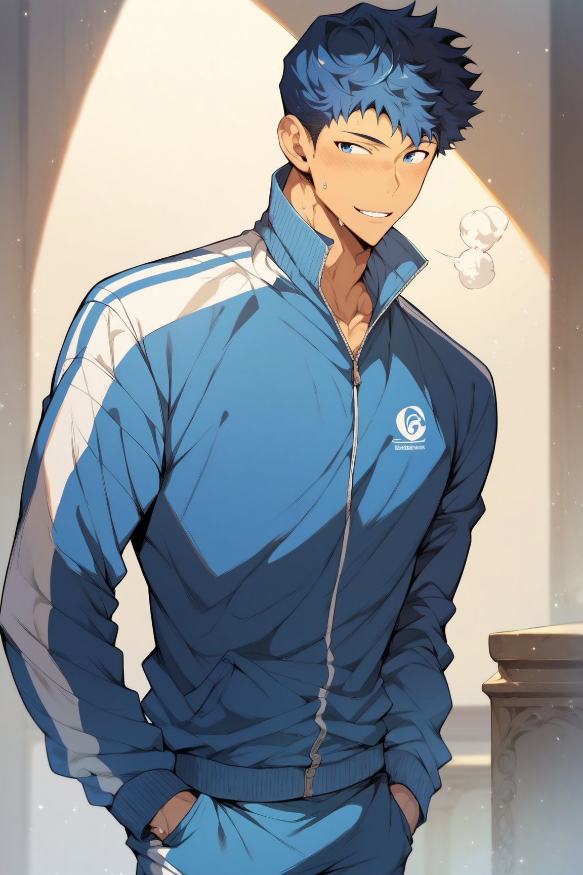 score_9, score_8_up, score_7_up, cute, masterpiece, best quality, best aesthetic, 1boy, male focus, foreground, seomoonyeob, blue hair, blue eyes, sweat, tracksuit, open jacket, 