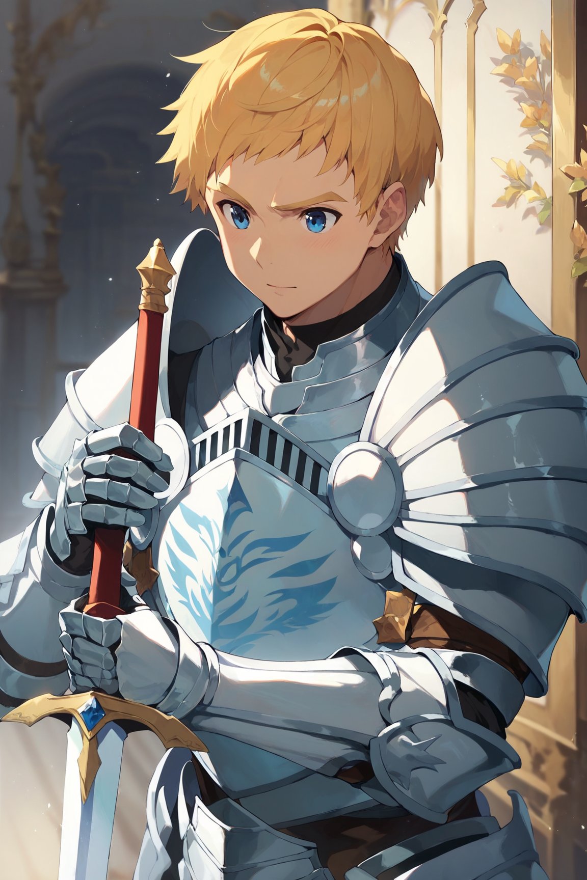 score_9, score_8_up, score_7_up, cute, masterpiece, best quality, best aesthetic, 1boy, male focus, full_body ,climb, blonde hair, blue eyes, short-hair, armor, holding sword, gauntlets, shoulder armor, pauldrons, breastplate, armored boots