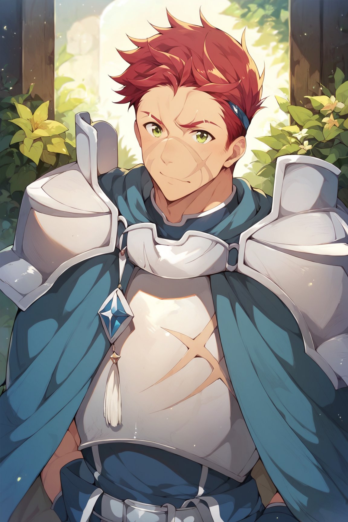 score_9, score_8_up, score_7_up, cute, masterpiece, best quality, best aesthetic, 1boy, male focus, full_body, oguto, red hair, green eyes, scar on face, armor 