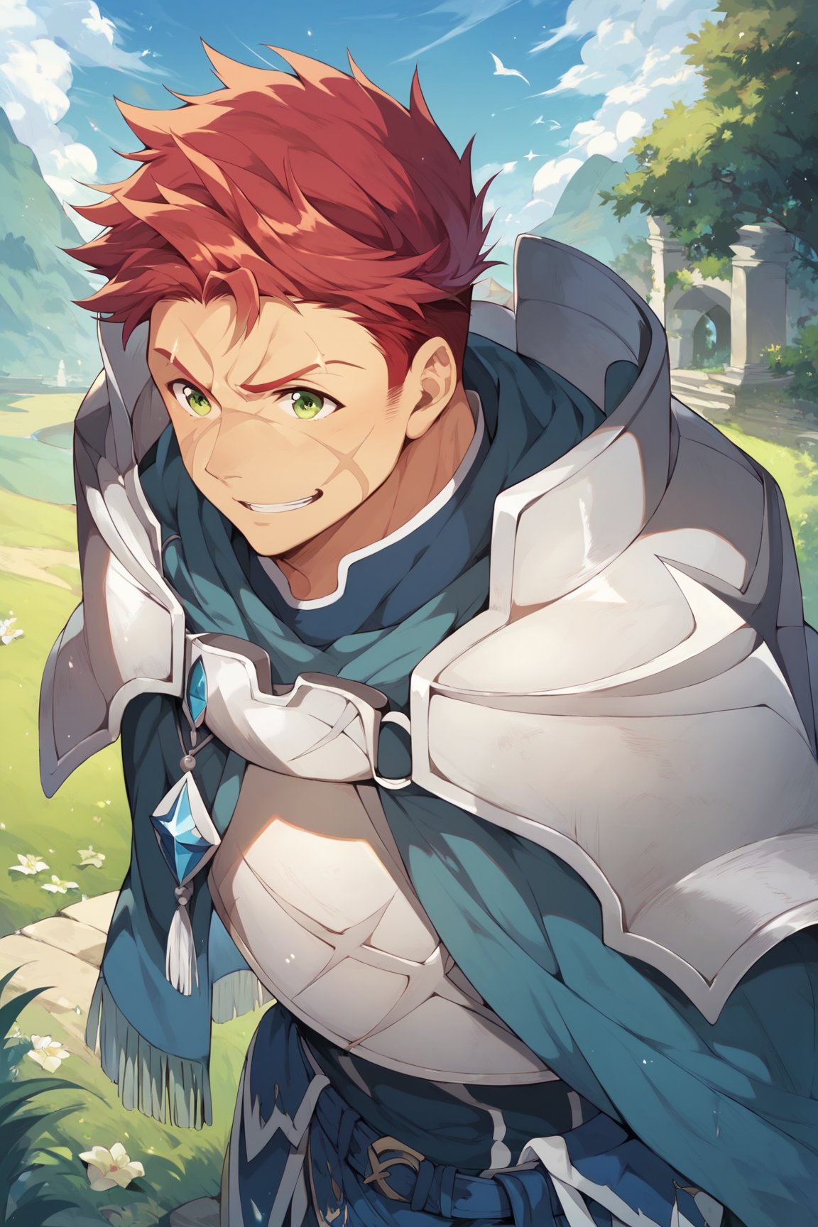 score_9, score_8_up, score_7_up, cute, masterpiece, best quality, best aesthetic, 1boy, male focus, full_body, oguto, red hair, green eyes, scar on face, armor 