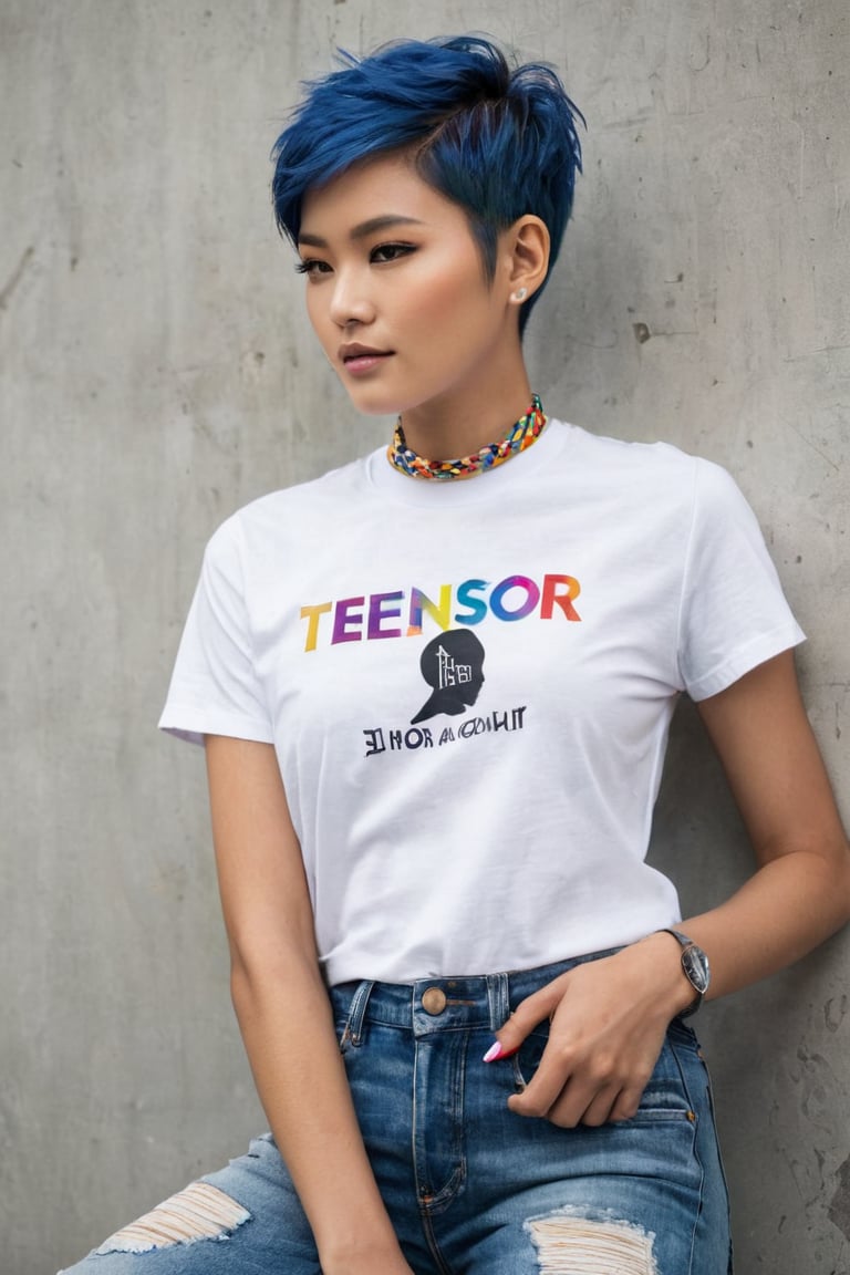 THEME :"[A photograph of Supermodel Wears T-Shirt written-word-"TENSOR ART"-Logo,Her outfit includes a TENSOR ART logo T-shirt and shows word-"TENSOR ART"-Logo to viewers close-near so Proudly]"
/imagine prompt: Ayu Kirei Mooi, a 25-year-old supermodel of Indonesian, Japanese, and Dutch heritage, stands boldly in an urban setting. Her vibrant pixie-cut hair, adorned with rainbow colors, contrasts beautifully against her flawless, porcelain skin with a rosy glow. With a serene yet captivating expression, she proudly displays a TENSOR ART logo T-shirt, ensuring the logo is prominently and clearly visible to viewers. Paired with TENSOR ART embroidered denim jeans and TENSOR ART sneakers, she accessorizes with a chic choker and The TENSOR ART Diamond Jewelry valued at $250 million, along with a TENSOR ART Complications watch. Her physique is toned and alluring, from her slim waist to her shapely thighs and elegant feet. Graffiti-covered urban walls and dramatic lighting create a dynamic backdrop, enhancing her confident persona. Photographed by Annie Leibovitz with a Nikon D850 and 85mm f/1.4 lens, the image captures every detail in a hyper-realistic style.,Photorealism,DSLR analog.EXCLUSIVE,SD 3,SDXL 1.0,HYPER REALISTIC,GODDESS,TENSOR ART,BEAUTY MODEL,BEAUTIFUL GIRLS.