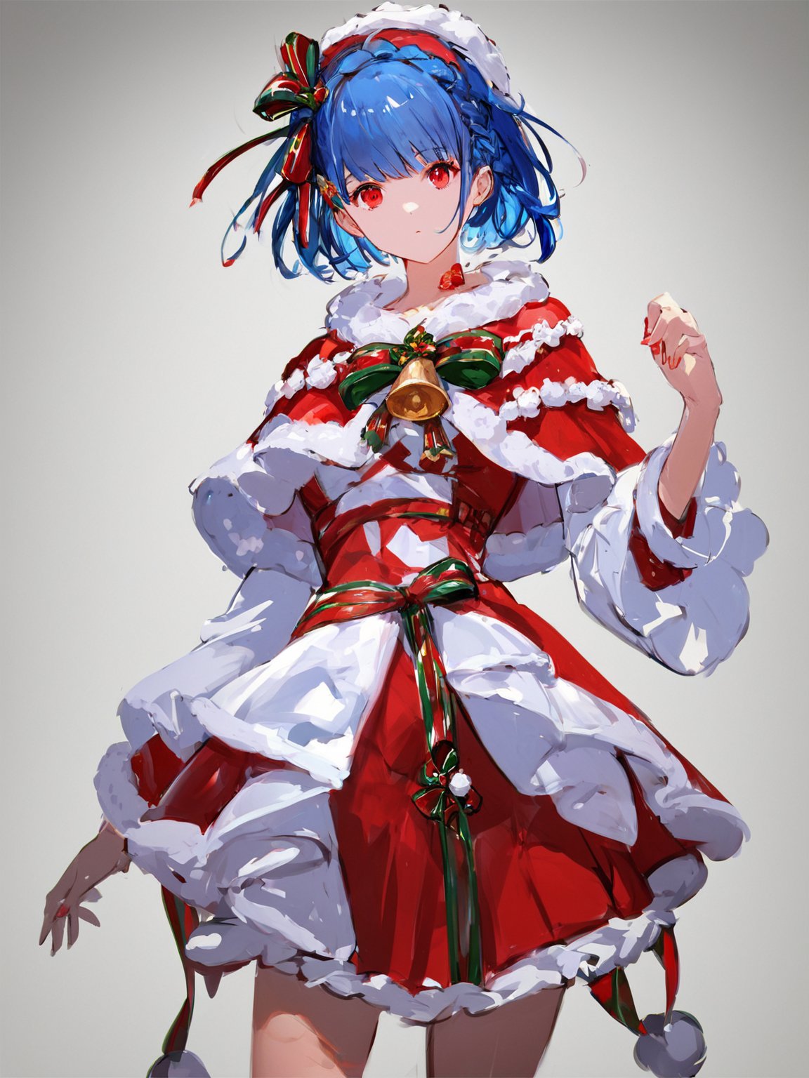 score_9,score_8_up,score_7_up,score_6_up, masterpiece, best quality, 8k, 8k UHD, ultra-high resolution, ultra-high definition, highres
,//Character, 
1girl, solo, short hair, blue hair, shiny hair, red eyes, bangs, braid
,//Fashion, 
santa_costume, hair ribbon
,//Background, white_background
,//Others, ,Expressiveh,
dynamic pose