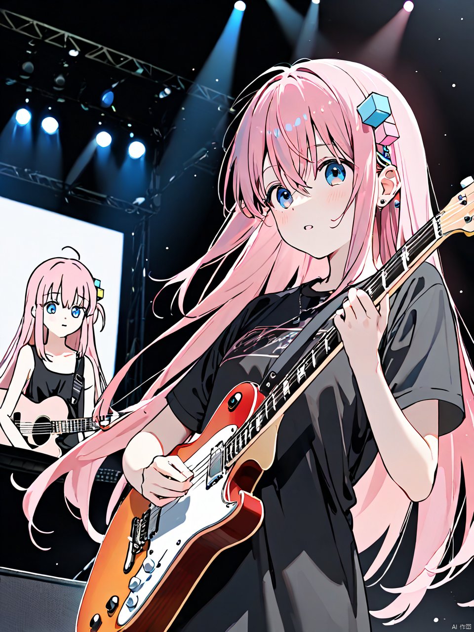 (best quality),(masterpiece),((beautiful:0.75) cute girl:0.75),[clear and clean] pixiv (illustration),gotou hitori,black shirt,concert,holding instrument,guitar,pink long hair,hair ornament,cube hair ornament,hair between eyes,bangs,blue eyes, concept art