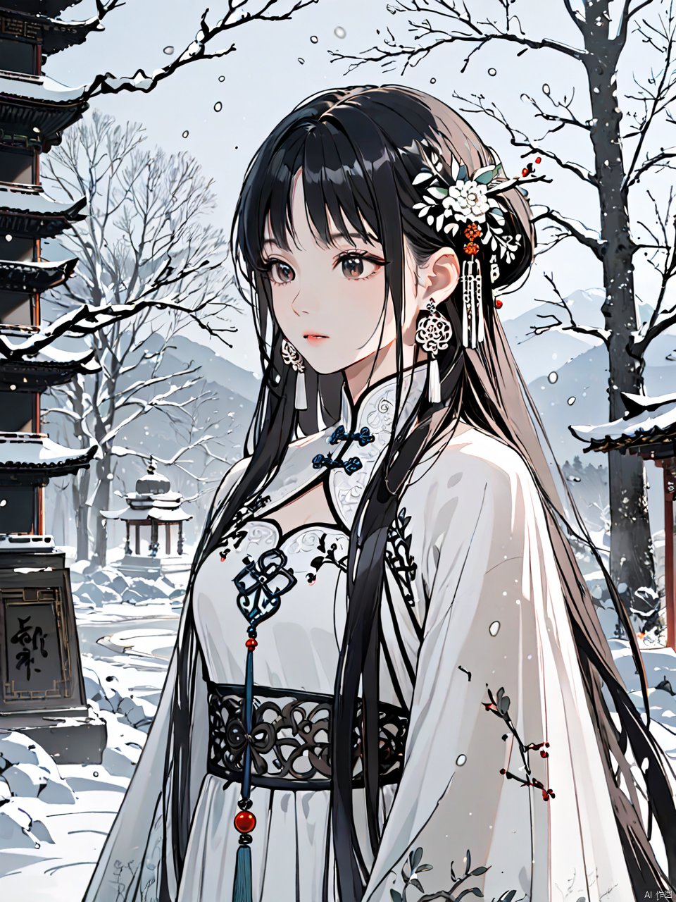 (best quality), ((masterpiece)), (highres), illustration, original, extremelydetailed,licg, 1girl, snow, black hair, solo, upper body, long hair, hair ornament, dress, jewelry, earrings, tree, snowing, white dress, winter, chinese clothes, licg, concept art