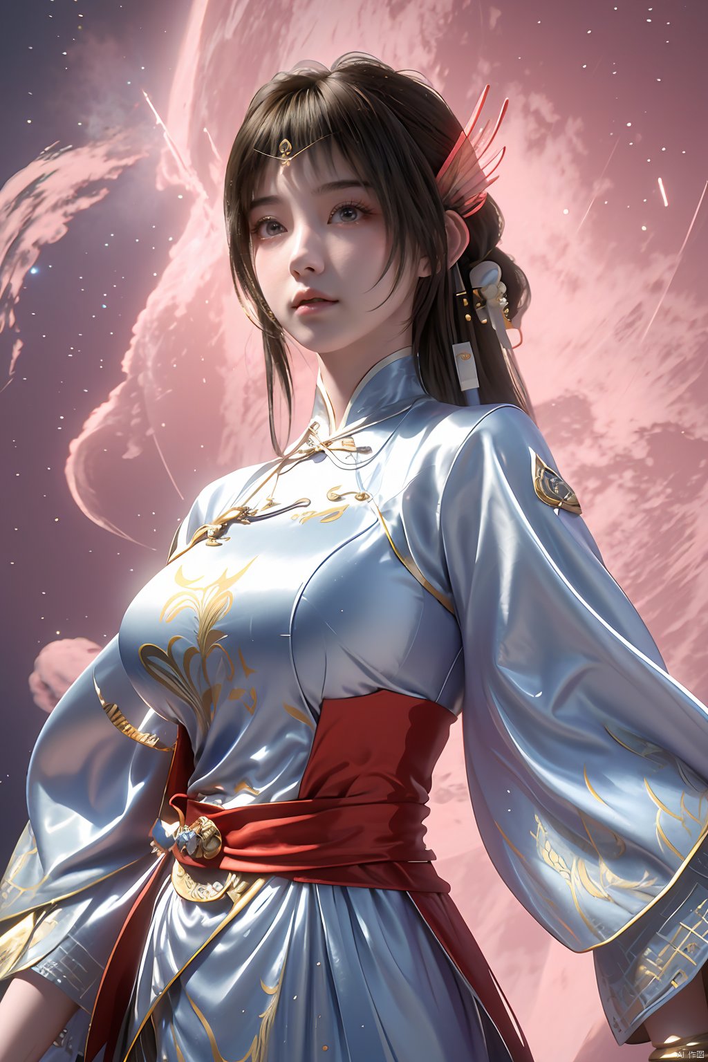 masterpiece,best quality,official art,extremely detailed CG unity 8k wallpaper,1girl, upper body,chinese clothes, above clouds, asteroid, spacecraft,  ,Xyunluo,(big_breasts:1.29),X-Hydrangea,Xlimuwan, Water_butterfly,Xcheongsam, desert_sky