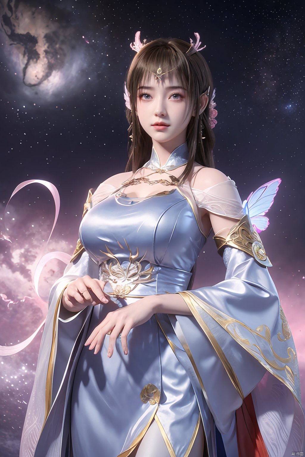 masterpiece,best quality,official art,extremely detailed CG unity 8k wallpaper,1girl, upper body,chinese clothes, above clouds, asteroid, spacecraft,  ,Xyunluo,(big_breasts:1.29),X-Hydrangea,Xlimuwan, Water_butterfly,Xcheongsam, desert_sky