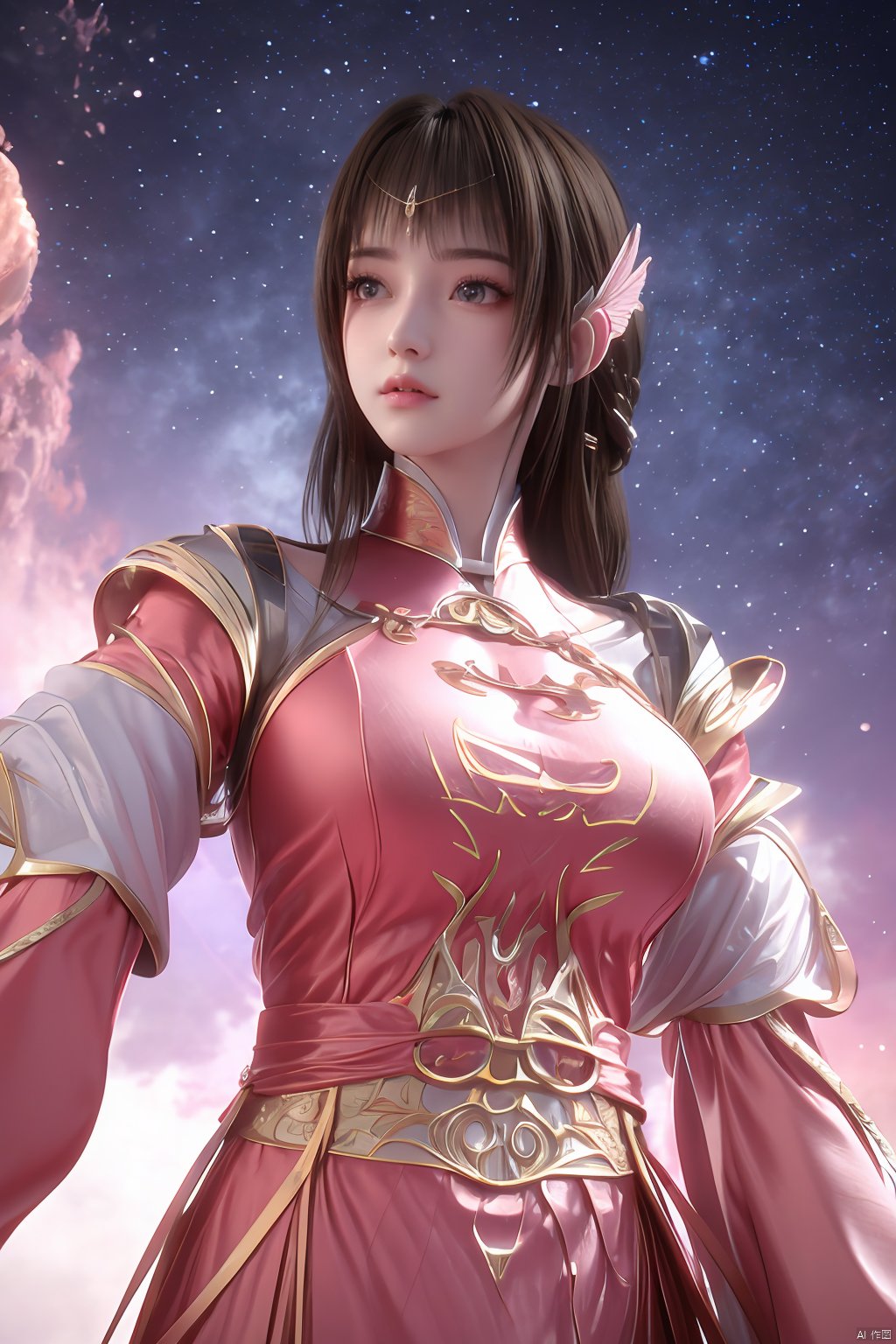 masterpiece,best quality,official art,extremely detailed CG unity 8k wallpaper,1girl, upper body,chinese clothes, above clouds, asteroid, spacecraft,  ,Xyunluo,(big_breasts:1.29),X-Hydrangea,Xlimuwan, Water_butterfly,Xcheongsam, desert_sky,girl,depth of field,moyou