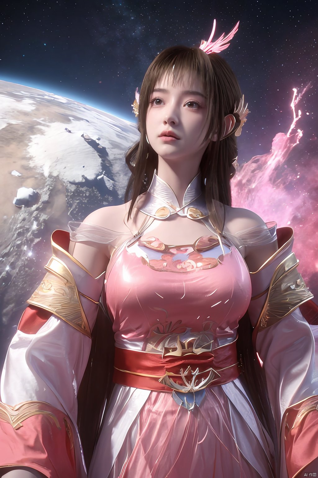 masterpiece,best quality,official art,extremely detailed CG unity 8k wallpaper,1girl, upper body,chinese clothes, above clouds, asteroid, spacecraft,  ,Xyunluo,(big_breasts:1.29),X-Hydrangea,Xlimuwan, Water_butterfly,Xcheongsam, desert_sky,girl,depth of field,moyou