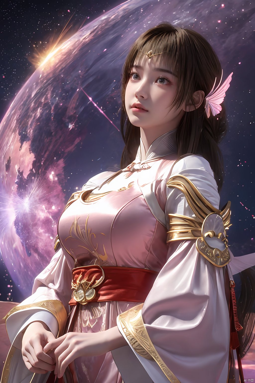 masterpiece,best quality,official art,extremely detailed CG unity 8k wallpaper,1girl, upper body,chinese clothes, above clouds, asteroid, spacecraft,  ,Xyunluo,(big_breasts:1.29),X-Hydrangea,Xlimuwan, Water_butterfly,Xcheongsam, desert_sky,girl,depth of field,moyou