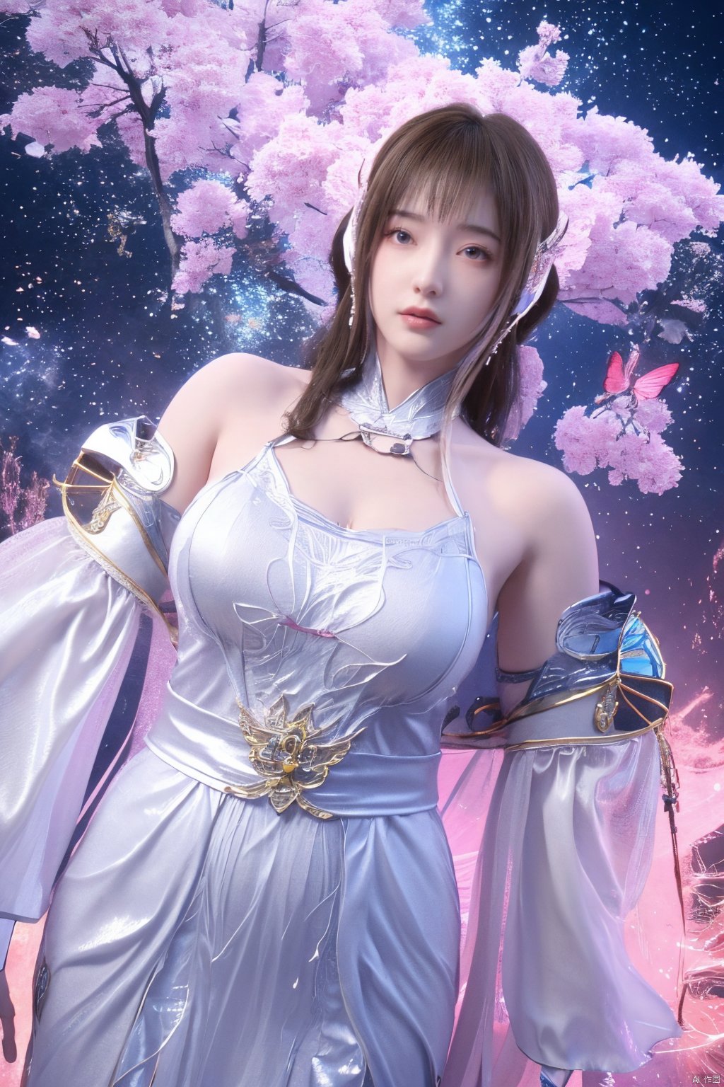 masterpiece,best quality,official art,extremely detailed CG unity 8k wallpaper,1girl, upper body,chinese clothes, above clouds, asteroid, spacecraft,  ,Xyunluo,(big_breasts:1.29),X-Hydrangea,Xlimuwan, Water_butterfly,Xcheongsam, desert_sky,girl,depth of field,moyou