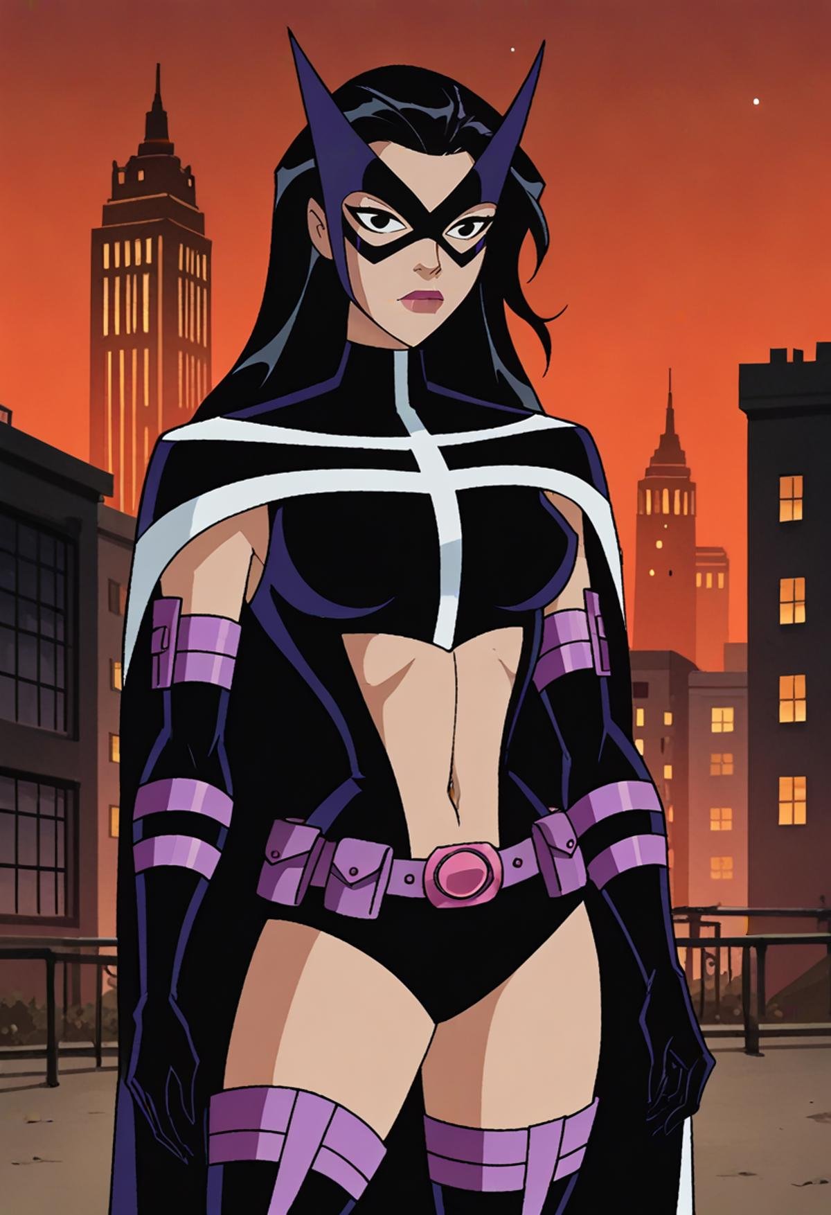 score_9, score_8_up, score_7_up, 1girl, cowboy shot, solo, huntress, black hair, black eyes, mask, cape, black leotard, navel cutout, utility belt, elbow gloves, thigh boots, gotham city, red sky, art deco architecture