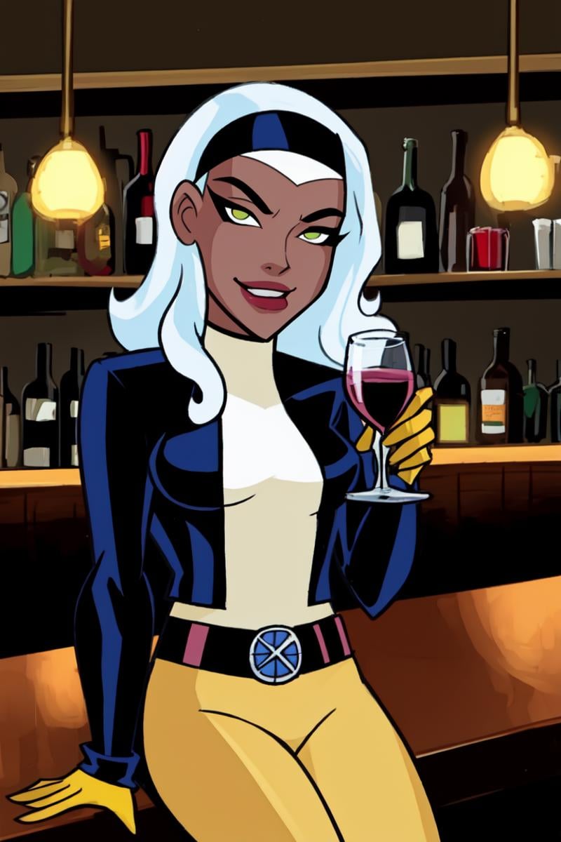 best quality, masterpiece, dcaustyle, 1girl, solo,  rogue /(x-men/), cowboy shot, headband, yellow bodysuit, turtleneck, gloves, belt, fur-lined, bomber jacket, long sleeves, sitting, holding drink, wine glass, bottle, naughty face, looking at viewer, curly hair, two tone hair, white hair, brown hair, bar, restaurant, dark, bloom