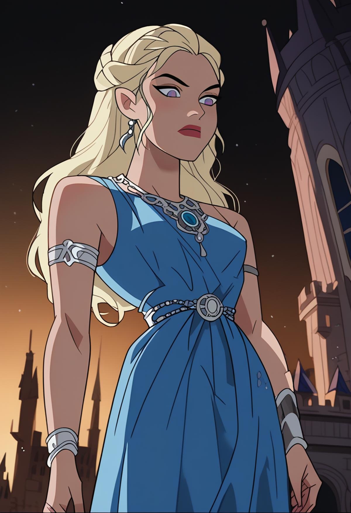 score_9, score_8_up, score_7_up, dcaustyle, vector illustration, from below, blue dress, dark background, castle, palace, disdain, Daenerys Targaryen, armlet