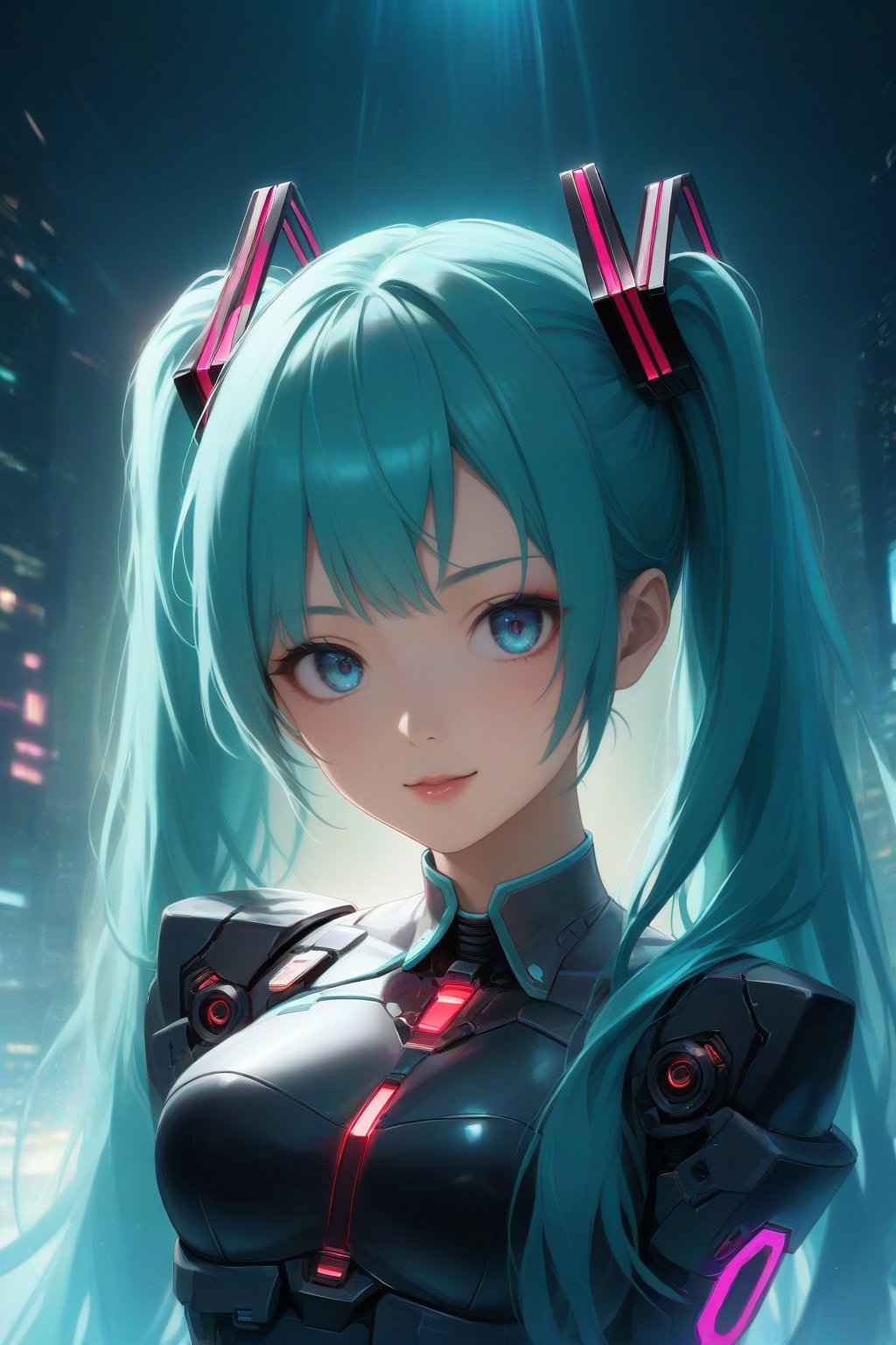 Prompt: score_9, score_8_up, score_7_up, score_6_up, score_5_up, score_4_up, Source_Anime, Source_Japanese anime, masterpiece, best quality, 
BREAK
1girl, solo, hatsune miku, (mecha suit:1.2), tight suit, upper body, closed mouth, looking at the viewer, arms behind back, highres, 4k, 8k, intricate detail, cinematic lighting, amazing quality, amazing shading, soft lighting, Detailed Illustration, anime style, wallpaper, FuturEvoLab-Lora-mecha, FuturEvoLabCyberpunk, FuturEvoLabgirl