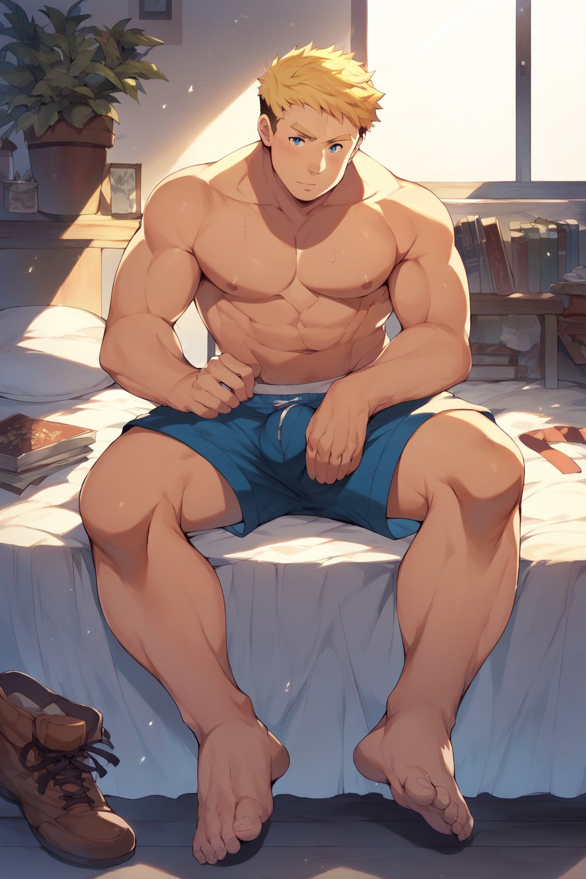 score_9, score_8_up, score_7_up, bara, masterpiece, best quality, best aesthetic, perfect anatomy, perfect proportions, high_resolution, full body, 1boy, solo male, focus male, climb, blonde hair, blue eyes, short-hair, only underwear, sit on bed