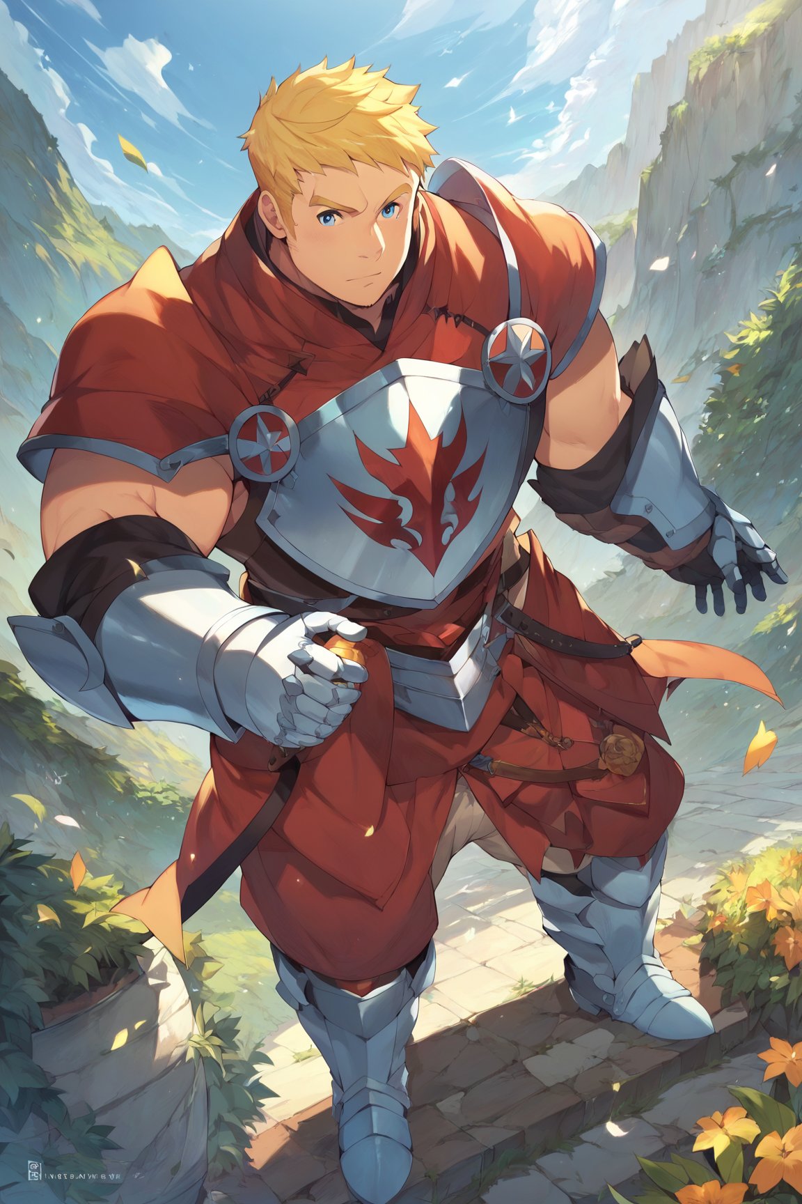 score_9, score_8_up, score_7_up, bara, masterpiece, best quality, best aesthetic, perfect anatomy, perfect proportions, high_resolution, full body, 1boy, solo male, focus male, climb, blonde hair, blue eyes, short-hair, gauntlets, shoulder armor, pauldrons, breastplate, armored boots