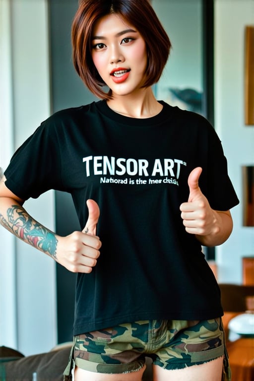 A National Geographic-style photography showcases detailed character of a beauty woman,Her name Ayu Kirei Mooi,she is dressed in torn clothing style-wearing black t-shirt and camouflage cargo shorts=the logo t-shirt is white varied colors texted " TENSOR_ART_IS_THE BEST " ),standing confidently amidst intricate home and living room in the background,the woman is surrounded as unemployed, detailed misscelaneous and ornament,the living room is dusted and normal lit,evoking a sense of a woman precision and habituation,the atmosphere is focused and professional with a hint of warmth from the woman confident demeanor,vibrant pixie-cut hair and porcelain skin with rosy glow contrast against-Intricate tattoos and The Hope Diamond Jewelry adorn her neck,Her left hand holding a Wine Glass-carefully,and,the right hand Thumb Up on viewers, She is at her home,Photography, captured with a Canon EOS 5D Mark IV with a 50mm f/1.8 lens,
Features;
+Expression,Action and Pose: Pro Expression,Hands and Body Act, looking directly at the camera.
+Eye contact: Indicates interest and attentiveness.
+Her expression was sticking out her tongue it's so cute.
+Thumbs Up - Universal sign of approval or agreement.
*Photograph using a Nikon D850 with an 85mm lens at f/1.4,with best point of view various angle shoot,in stylish high-resolution,keep the focus centered,captured in ultra-realistic HD,highlighting detailed,photorealistic elements-photorealistic settings,focused on The best photorealistic,DSLR,analog,epic realism,realism,realismV2,realistic realism,This epic realism and cinematic aesthetic showcase the best image as a truly exotic and enchanting image-realistic photo,cinematic,aesthetic,exotic,exotic themes,high-realistic HD.Better photography,real photo/portrait,HYPER REALISTIC,REALISTIC,SDXL 1.0,GODDESS,MODELS,CONCEPT CHARACTER.