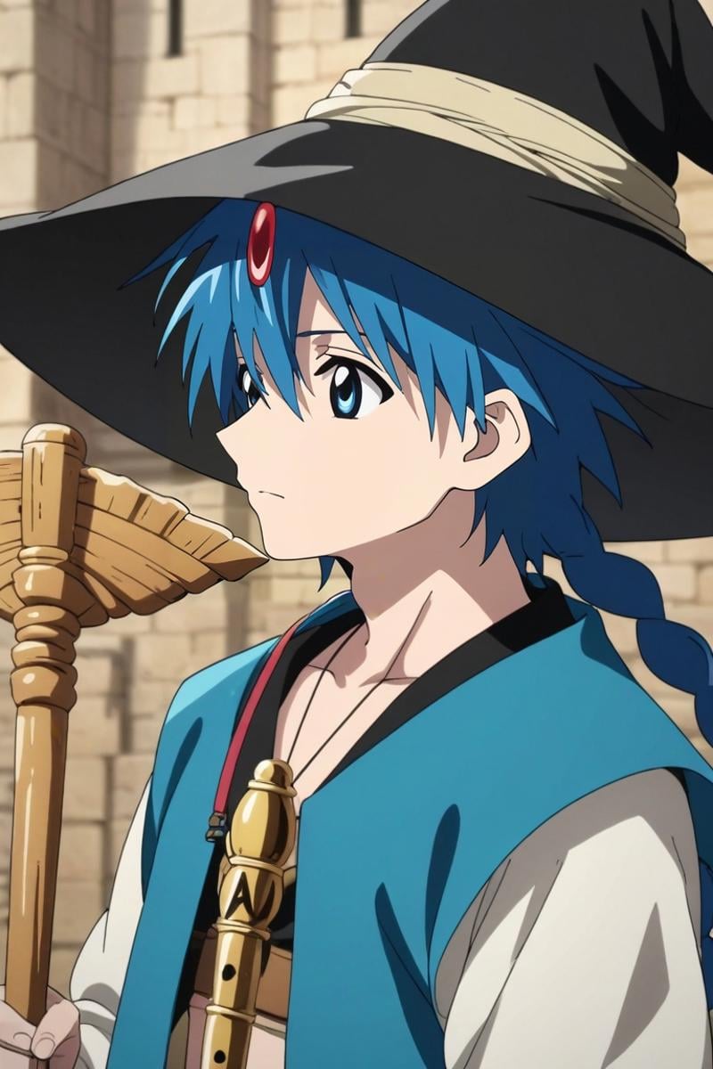 score_9, score_8_up, score_7_up, source_anime, rating_safe, , , , , 1boy, solo, male focus, <lora:aladdin_magi_pony:0.98>, aladdin_magi, blue hair, blue eyes, long hair, braid, single braid, hat, witch hat, staff, , viking costume, <lora:sdxl_lightning_8step_lora:1>